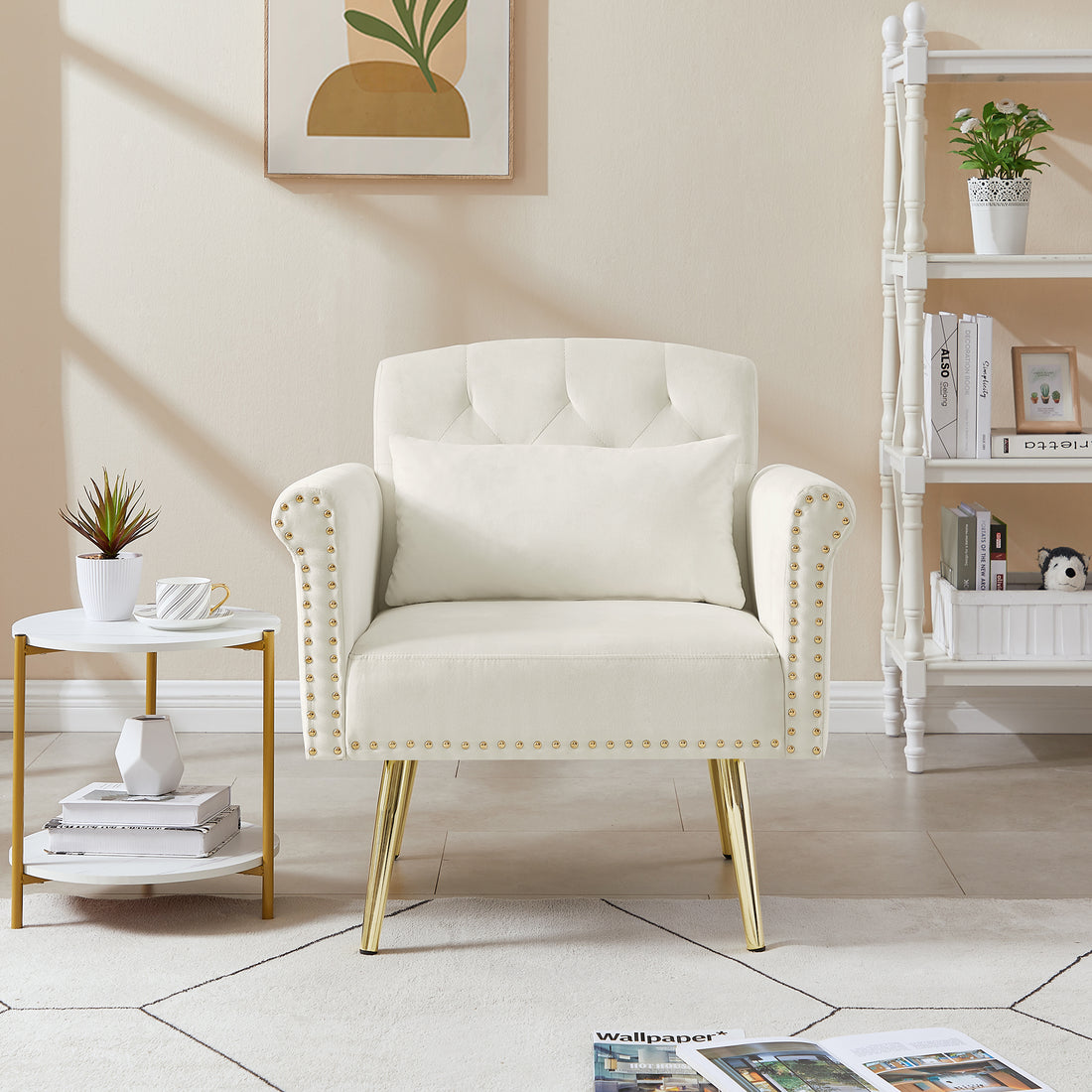 Off White Velvet Armchair With Metal Legs Off White Foam Velvet