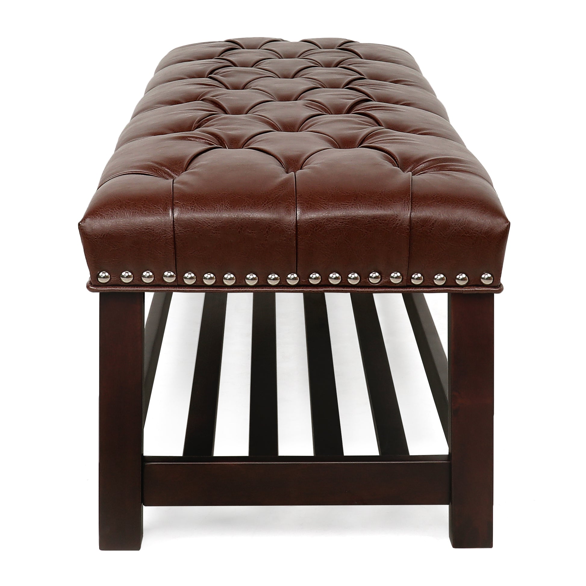 Bedroom End Of Bed Bench Tufted Upholstered End Of Bed Bench End Of Bed Entrance Shoe Bench, 60" With Trim And Shelf Bedroom Upholstered Leather Bench Living Room Shoe Rack Footstool Brown Dark Brown Pu