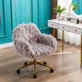 Hengming Modern Faux Fur Home Office Chair, Fluffy Chair For Girls, Makeup Vanity Chair With Gold Plating Base Grey Faux Fur