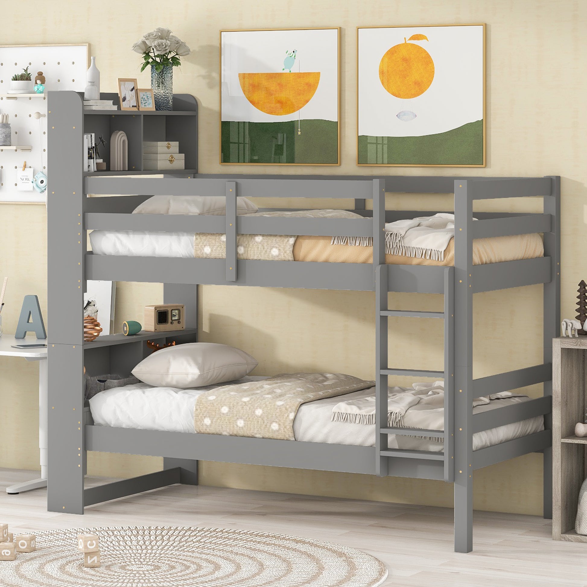 Twin Over Twin Bunk Beds With Bookcase Headboard, Solid Wood Bed Frame With Safety Rail And Ladder, Kids Teens Bedroom, Guest Room Furniture, Can Be Converted Into 2 Beds, Grey Twin Grey Pine