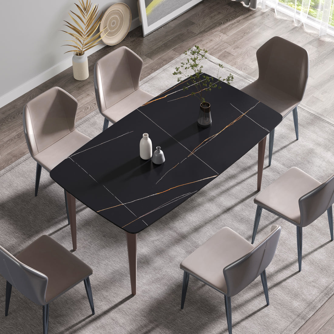 63"Modern Artificial Stone Black Curved Metal Leg Dining Table 6 People Black Metal Sintered Stone