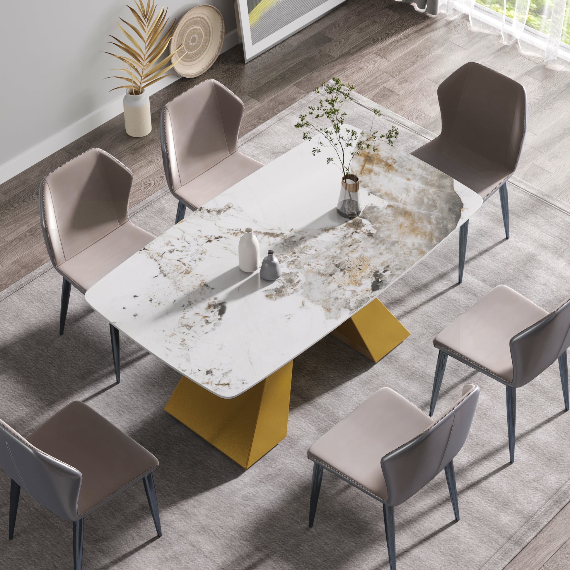 63"Modern Artificial Stone Pandora White Curved Golden Metal Leg Dining Table 6 People Antique White Metal Sintered Stone
