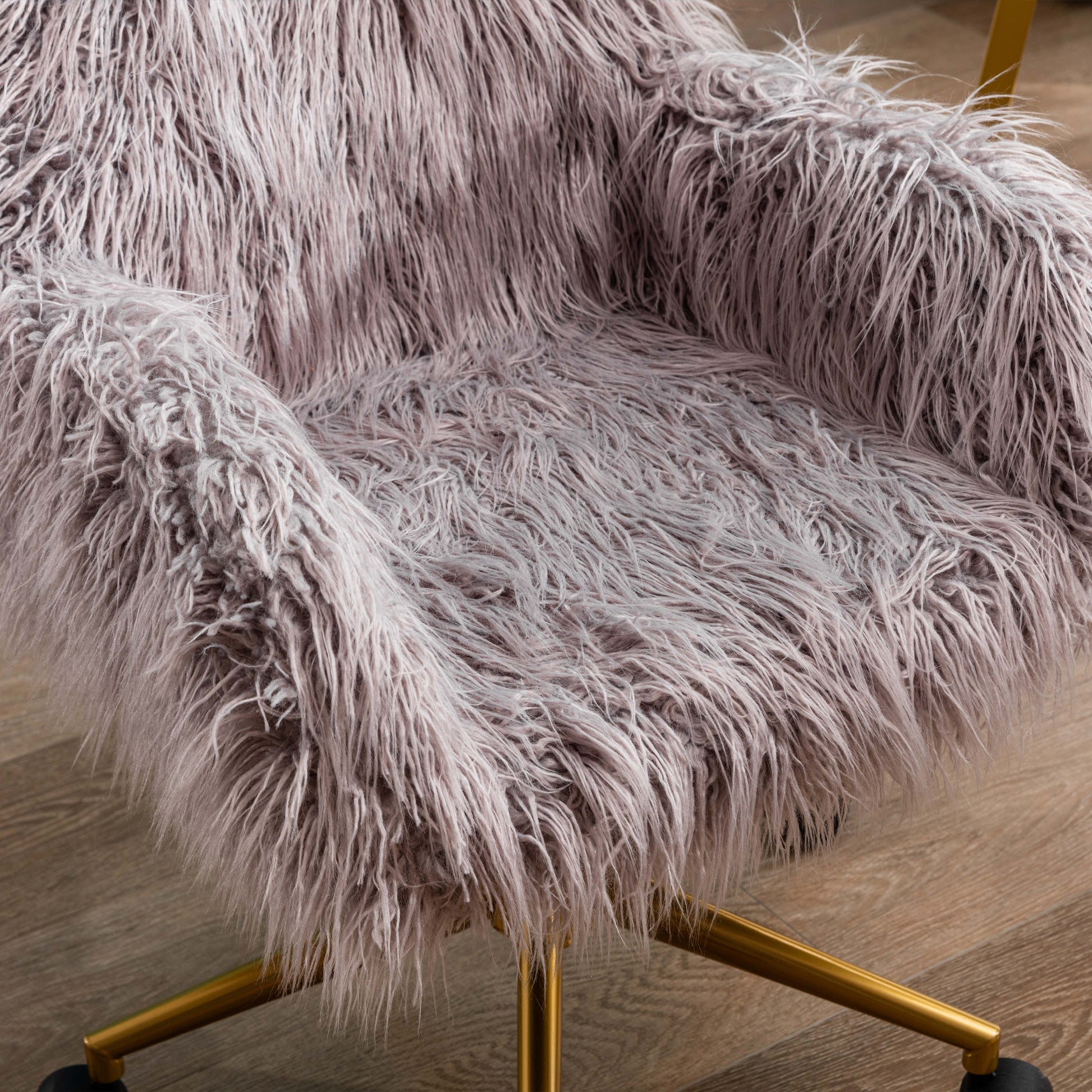 Hengming Modern Faux Fur Home Office Chair, Fluffy Chair For Girls, Makeup Vanity Chair With Gold Plating Base Grey Faux Fur