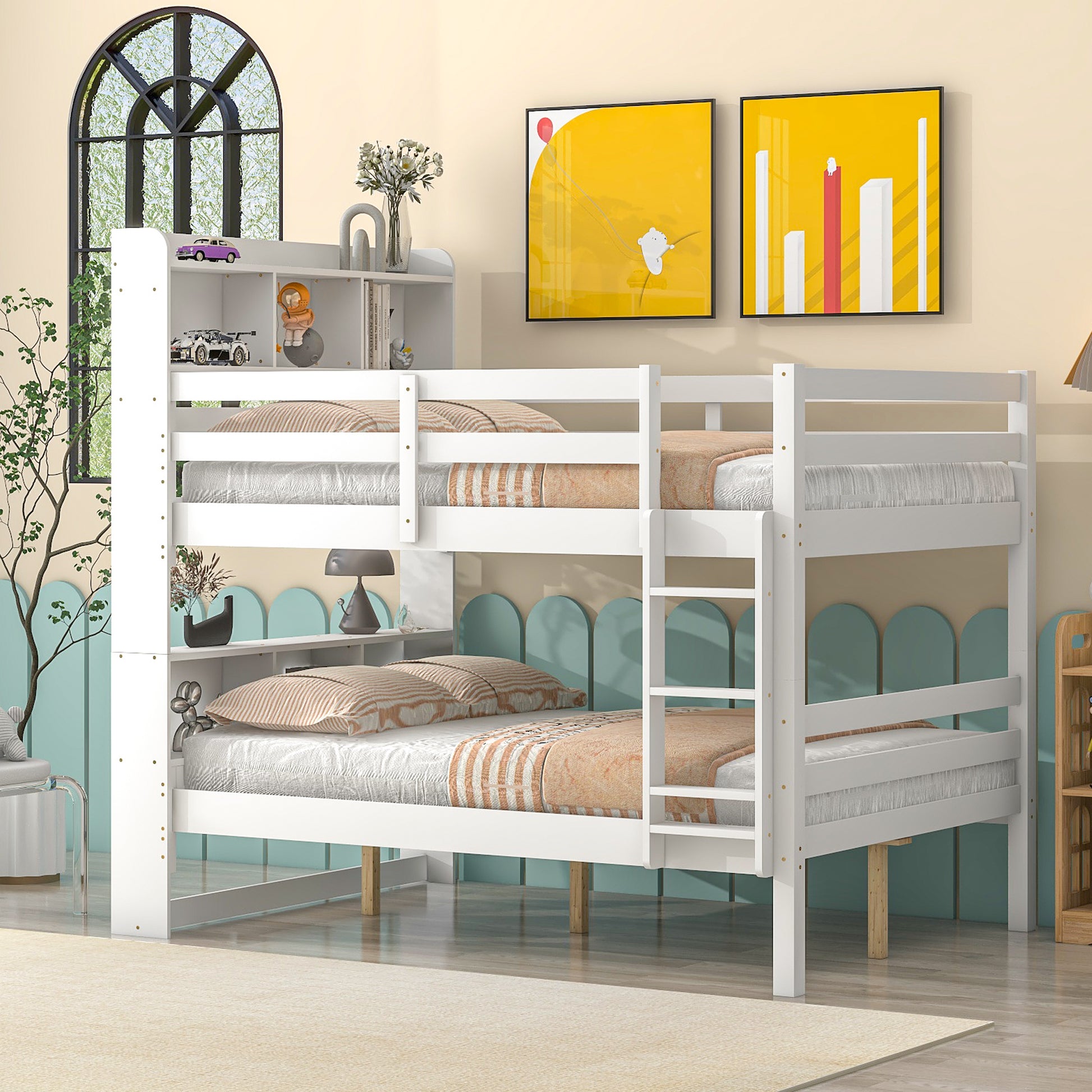 Full Over Full Bunk Beds With Bookcase Headboard, Solid Wood Bed Frame With Safety Rail And Ladder, Kids Teens Bedroom, Guest Room Furniture, Can Be Converted Into 2 Beds, White White Pine