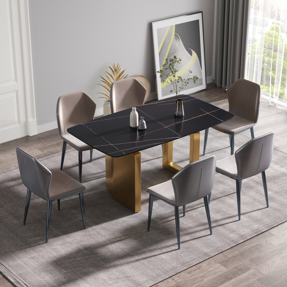 63"Modern Artificial Stone Black Curved Golden Metal Leg Dining Table 6 People Black Metal Sintered Stone