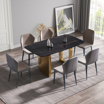63"Modern Artificial Stone Black Curved Golden Metal Leg Dining Table 6 People Black Metal Sintered Stone