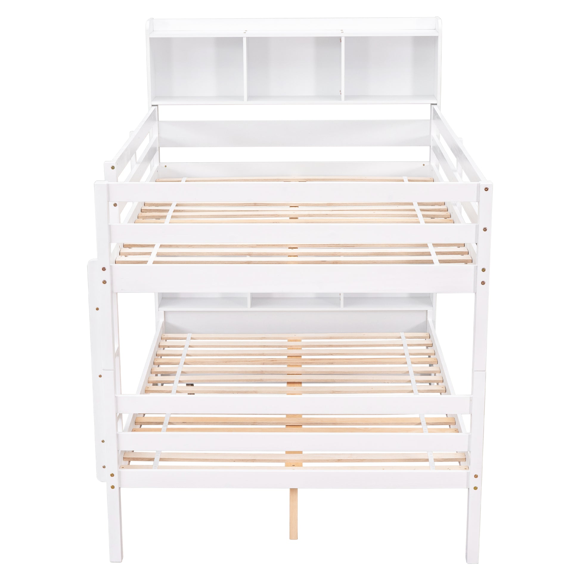 Full Over Full Bunk Beds With Bookcase Headboard, Solid Wood Bed Frame With Safety Rail And Ladder, Kids Teens Bedroom, Guest Room Furniture, Can Be Converted Into 2 Beds, White White Pine