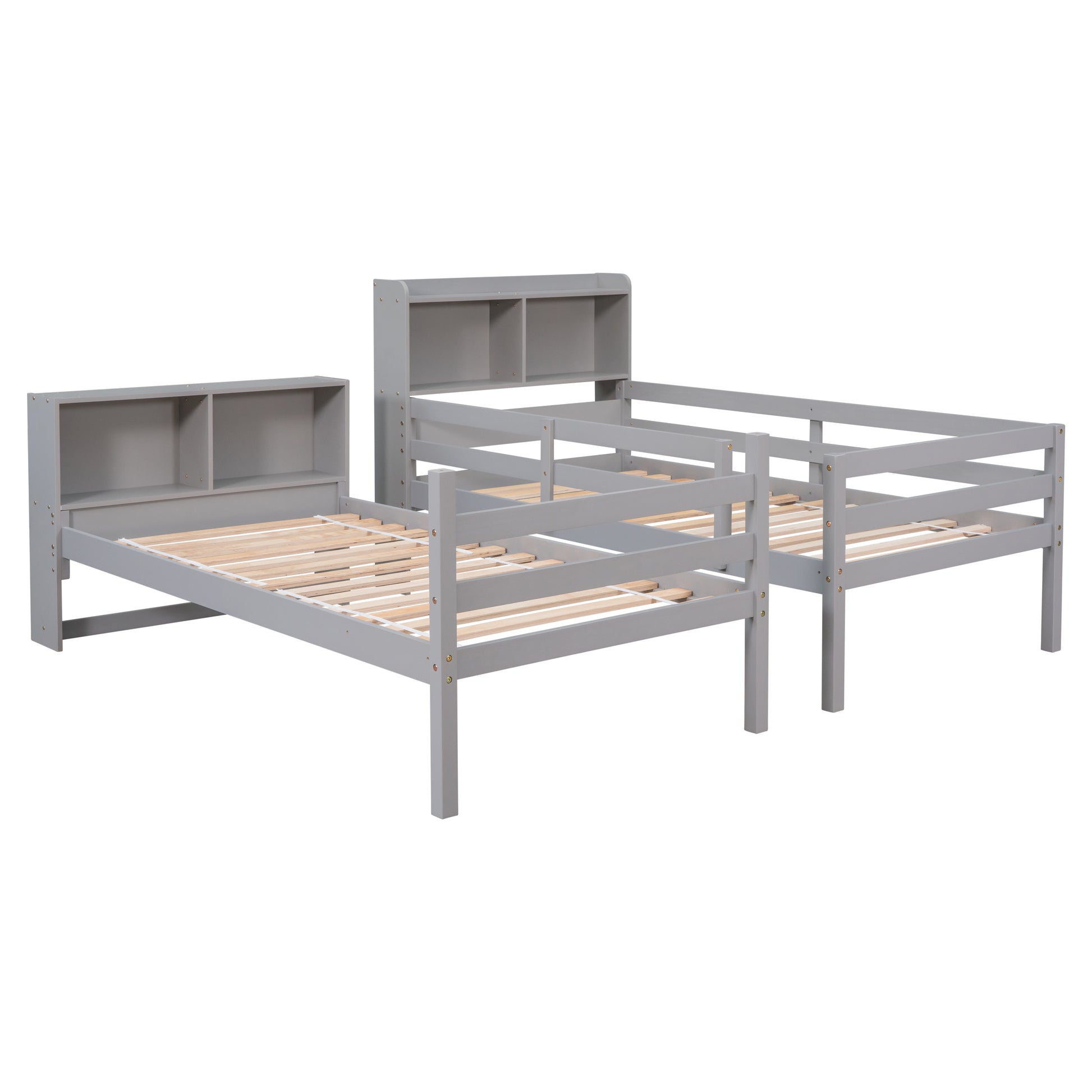 Twin Over Twin Bunk Beds With Bookcase Headboard, Solid Wood Bed Frame With Safety Rail And Ladder, Kids Teens Bedroom, Guest Room Furniture, Can Be Converted Into 2 Beds, Grey Twin Grey Pine