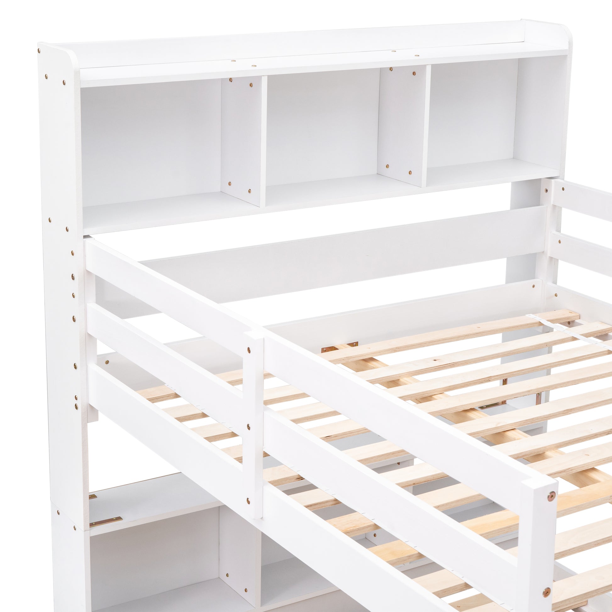 Full Over Full Bunk Beds With Bookcase Headboard, Solid Wood Bed Frame With Safety Rail And Ladder, Kids Teens Bedroom, Guest Room Furniture, Can Be Converted Into 2 Beds, White White Pine