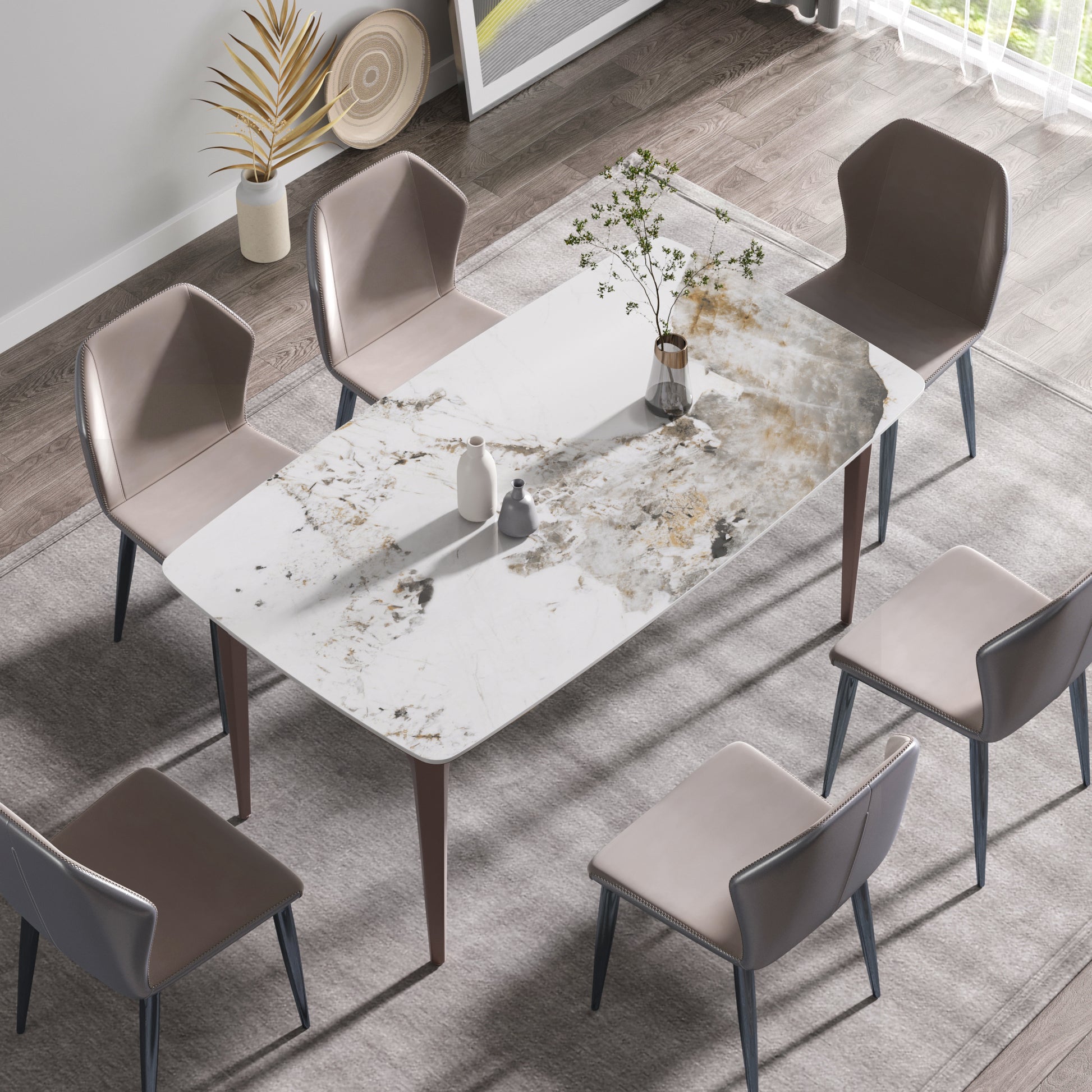 63"Modern Artificial Stone Pandora White Curved Metal Leg Dining Table 6 People Antique White Metal Sintered Stone