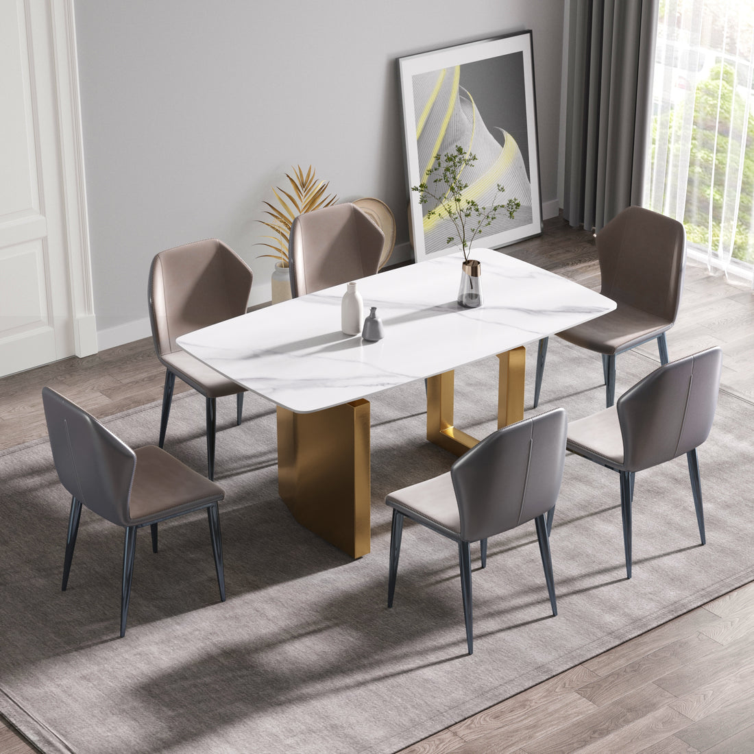 63"Modern Artificial Stone White Curved Golden Metal Leg Dining Table 6 People White Metal Sintered Stone