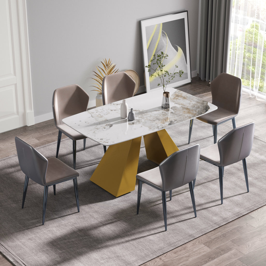 63"Modern Artificial Stone Pandora White Curved Golden Metal Leg Dining Table 6 People Antique White Metal Sintered Stone
