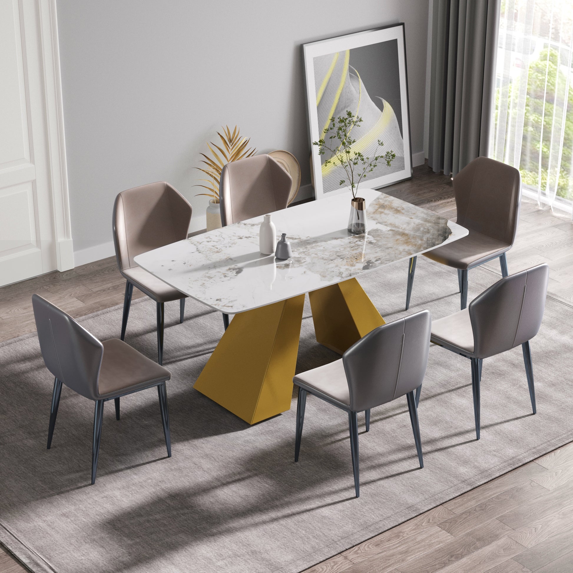 63"Modern Artificial Stone Pandora White Curved Golden Metal Leg Dining Table 6 People Antique White Metal Sintered Stone