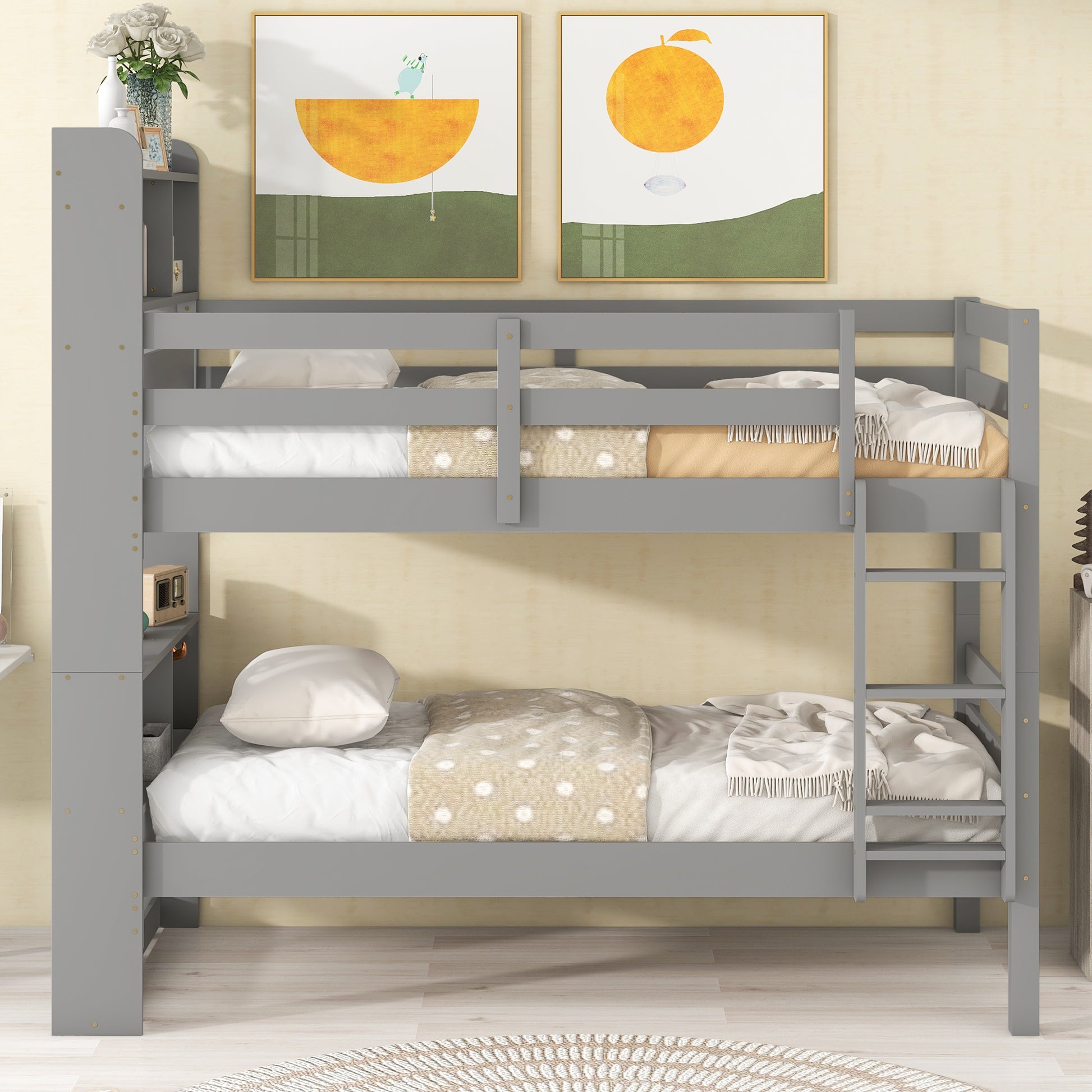 Twin Over Twin Bunk Beds With Bookcase Headboard, Solid Wood Bed Frame With Safety Rail And Ladder, Kids Teens Bedroom, Guest Room Furniture, Can Be Converted Into 2 Beds, Grey Twin Grey Pine