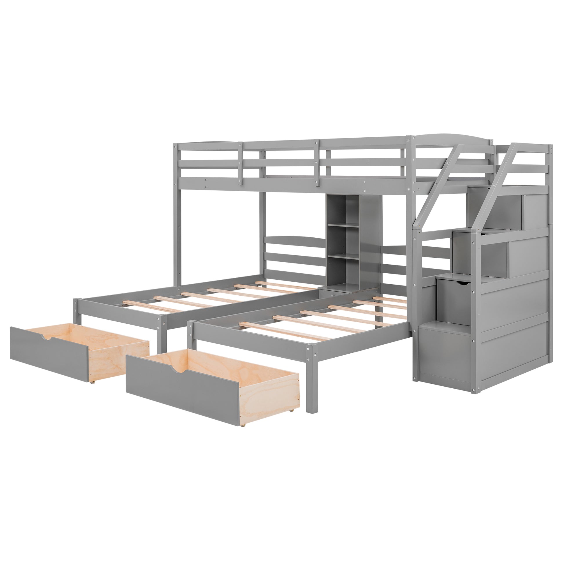 Twin Over Twin&Twin Bunk Bed, Triple Bunk Bed With Drawers, Staircase With Storage, Built In Shelves, Gray Twin Gray Pine