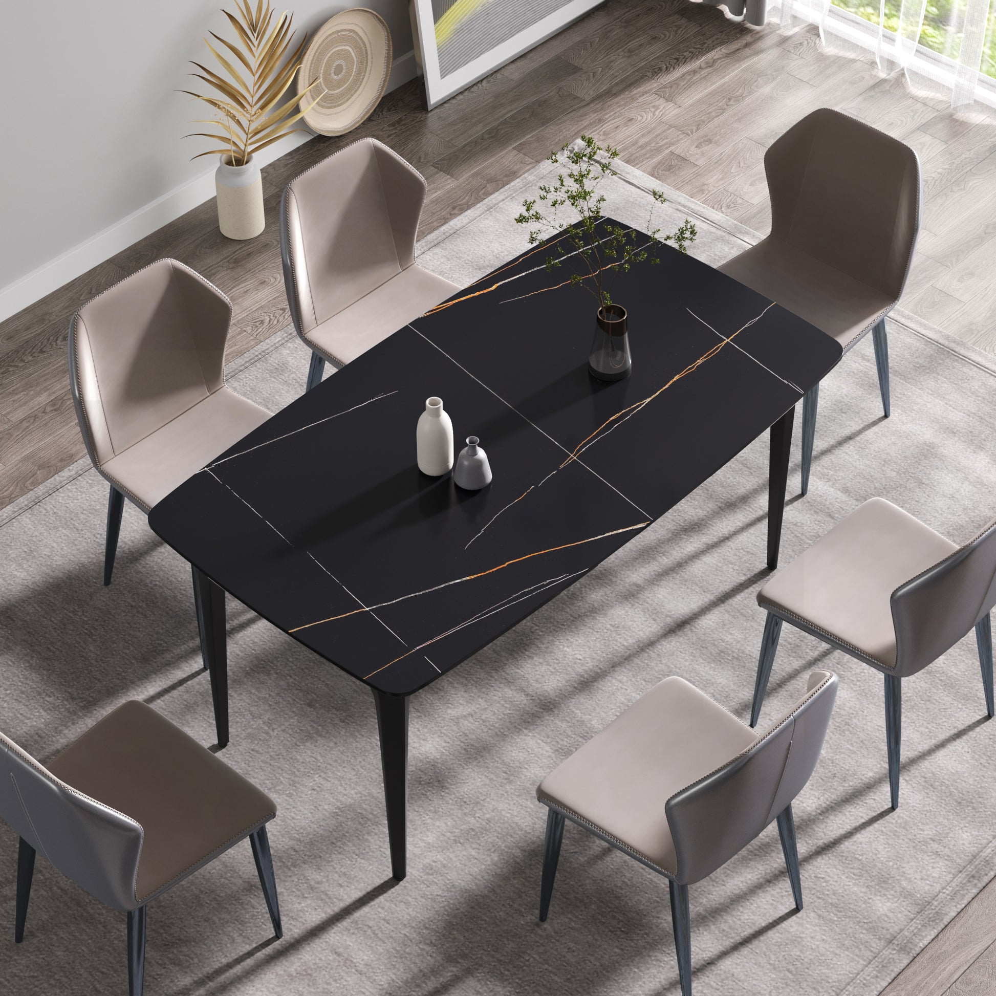 63"Modern Artificial Stone Black Curved Black Metal Leg Dining Table 6 People Black Metal Sintered Stone