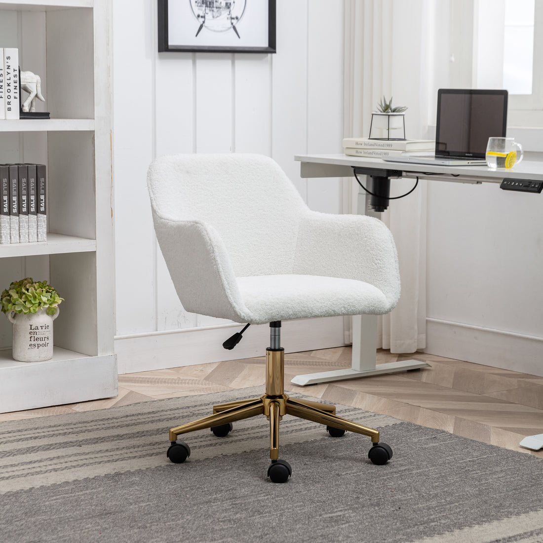 Modern Teddy Fabric Material Adjustable Height 360 Revolving Home Office Chair With Gold Metal Legs And Universal Wheel For Indoor,White White Teddy Foam Wool