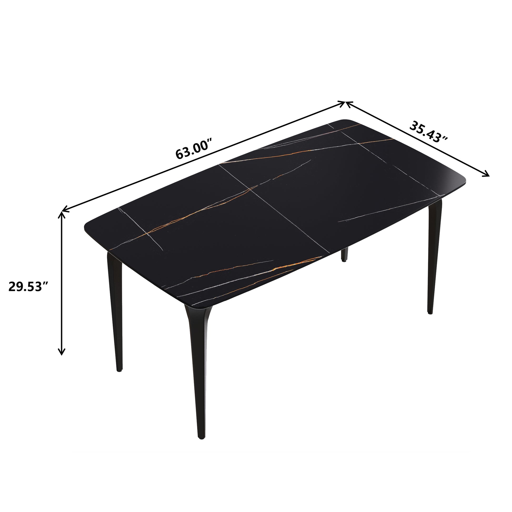 63"Modern Artificial Stone Black Curved Black Metal Leg Dining Table 6 People Black Metal Sintered Stone