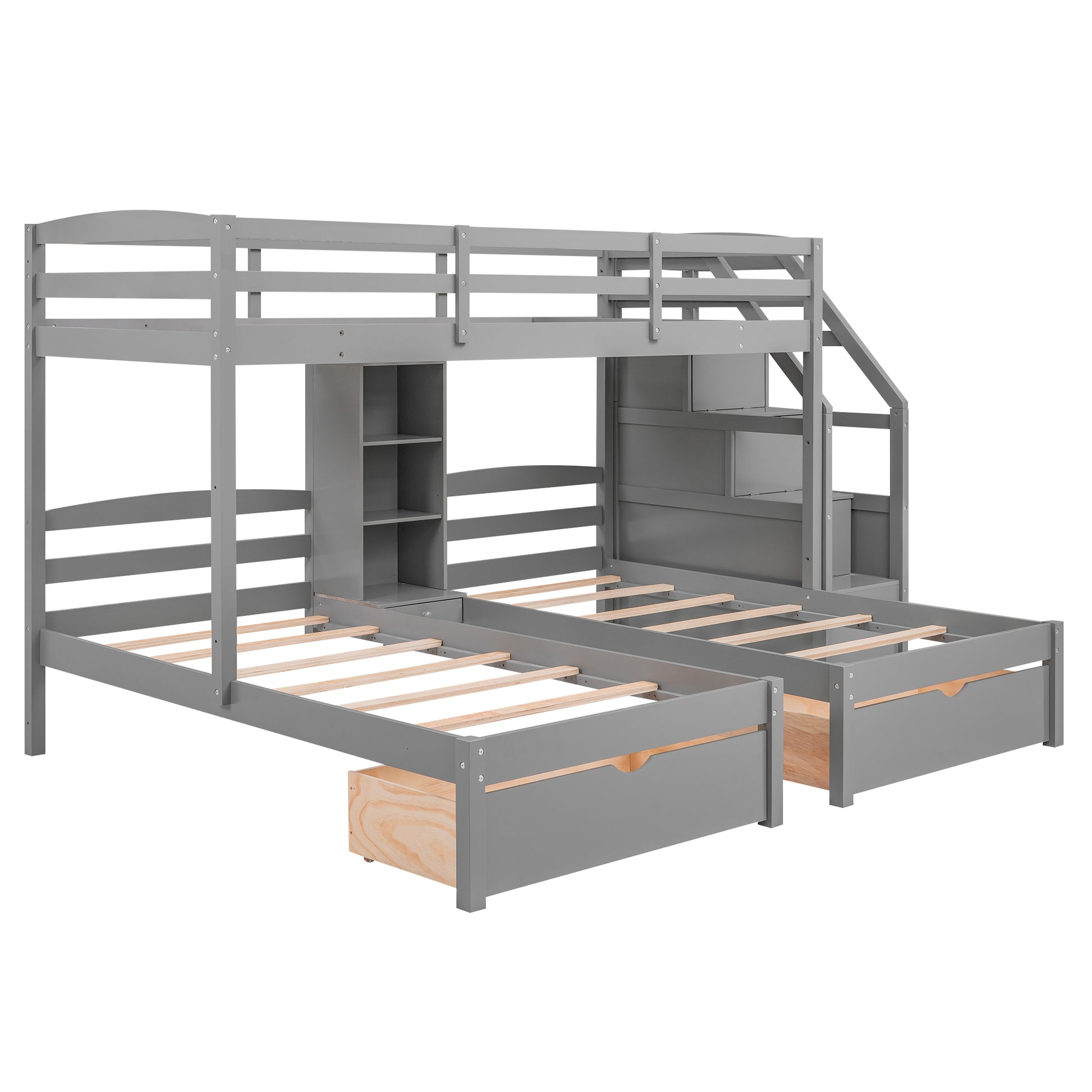 Twin Over Twin&Twin Bunk Bed, Triple Bunk Bed With Drawers, Staircase With Storage, Built In Shelves, Gray Twin Gray Pine