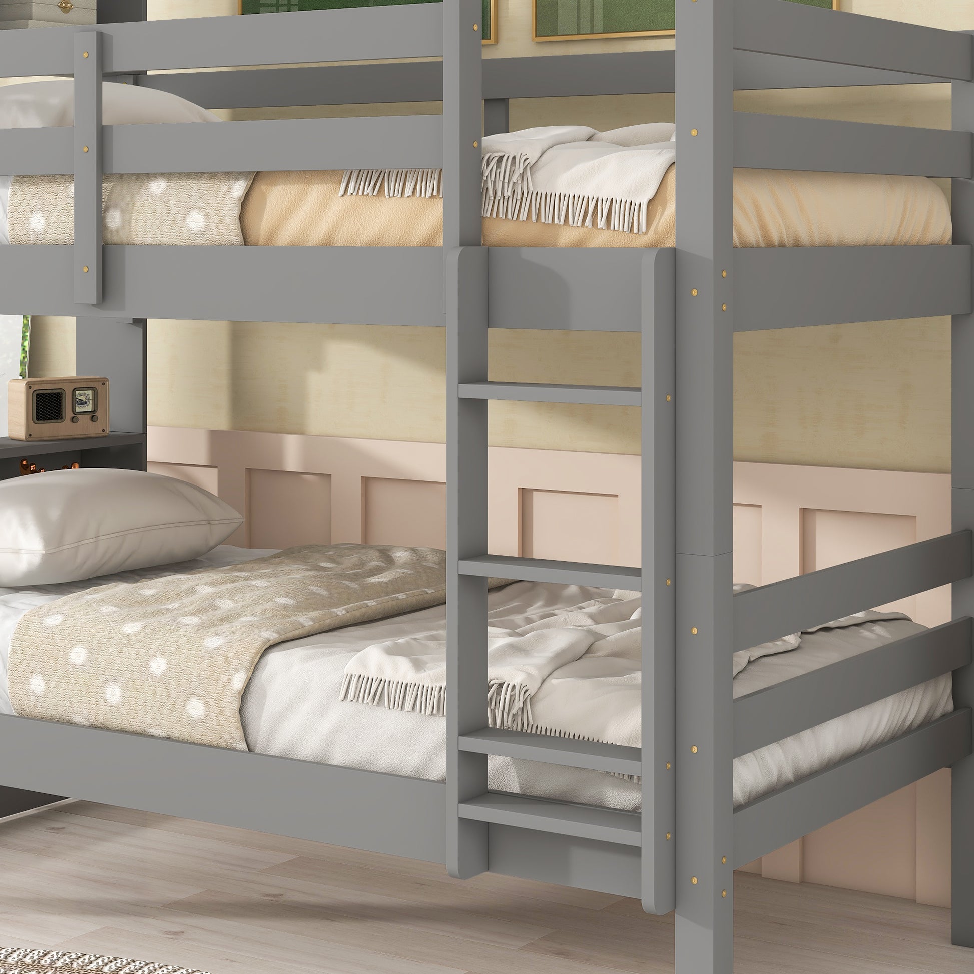 Twin Over Twin Bunk Beds With Bookcase Headboard, Solid Wood Bed Frame With Safety Rail And Ladder, Kids Teens Bedroom, Guest Room Furniture, Can Be Converted Into 2 Beds, Grey Twin Grey Pine