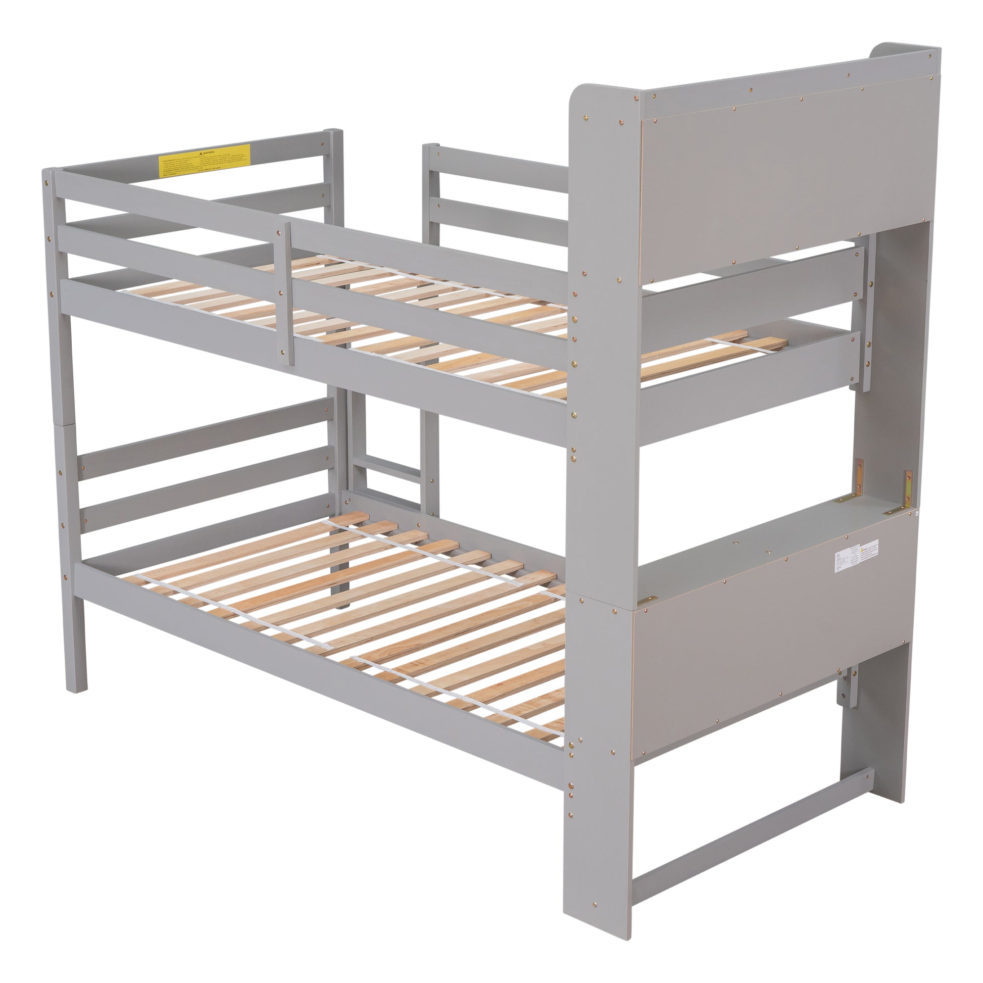 Twin Over Twin Bunk Beds With Bookcase Headboard, Solid Wood Bed Frame With Safety Rail And Ladder, Kids Teens Bedroom, Guest Room Furniture, Can Be Converted Into 2 Beds, Grey Twin Grey Pine