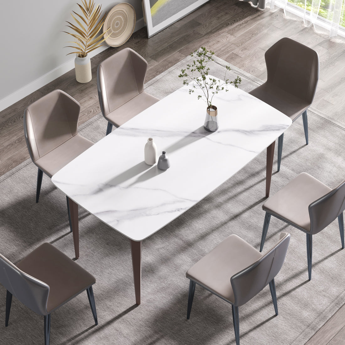 63"Modern Artificial Stone White Curved Metal Leg Dining Table 6 People White Metal Sintered Stone