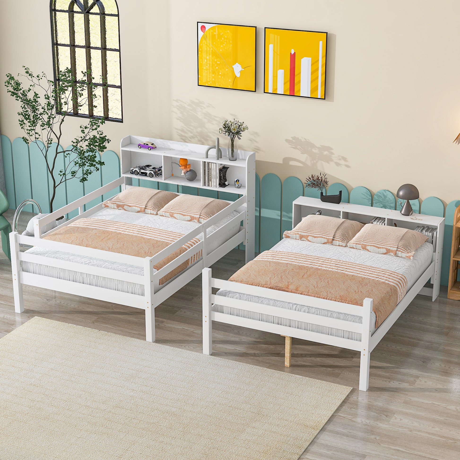 Full Over Full Bunk Beds With Bookcase Headboard, Solid Wood Bed Frame With Safety Rail And Ladder, Kids Teens Bedroom, Guest Room Furniture, Can Be Converted Into 2 Beds, White White Pine