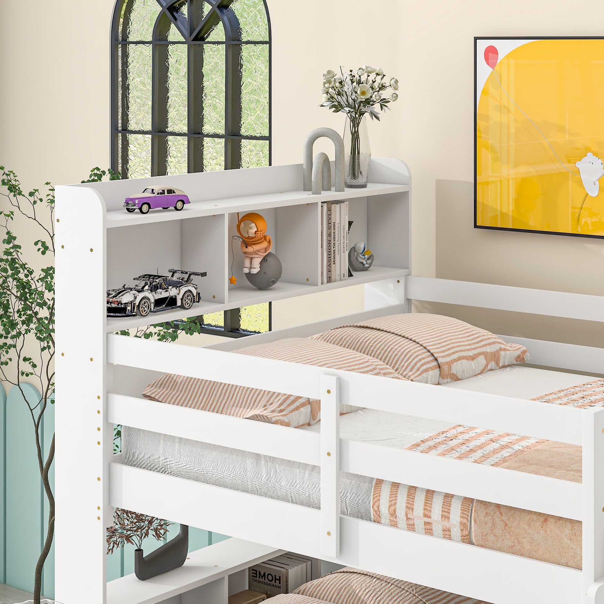 Full Over Full Bunk Beds With Bookcase Headboard, Solid Wood Bed Frame With Safety Rail And Ladder, Kids Teens Bedroom, Guest Room Furniture, Can Be Converted Into 2 Beds, White White Pine