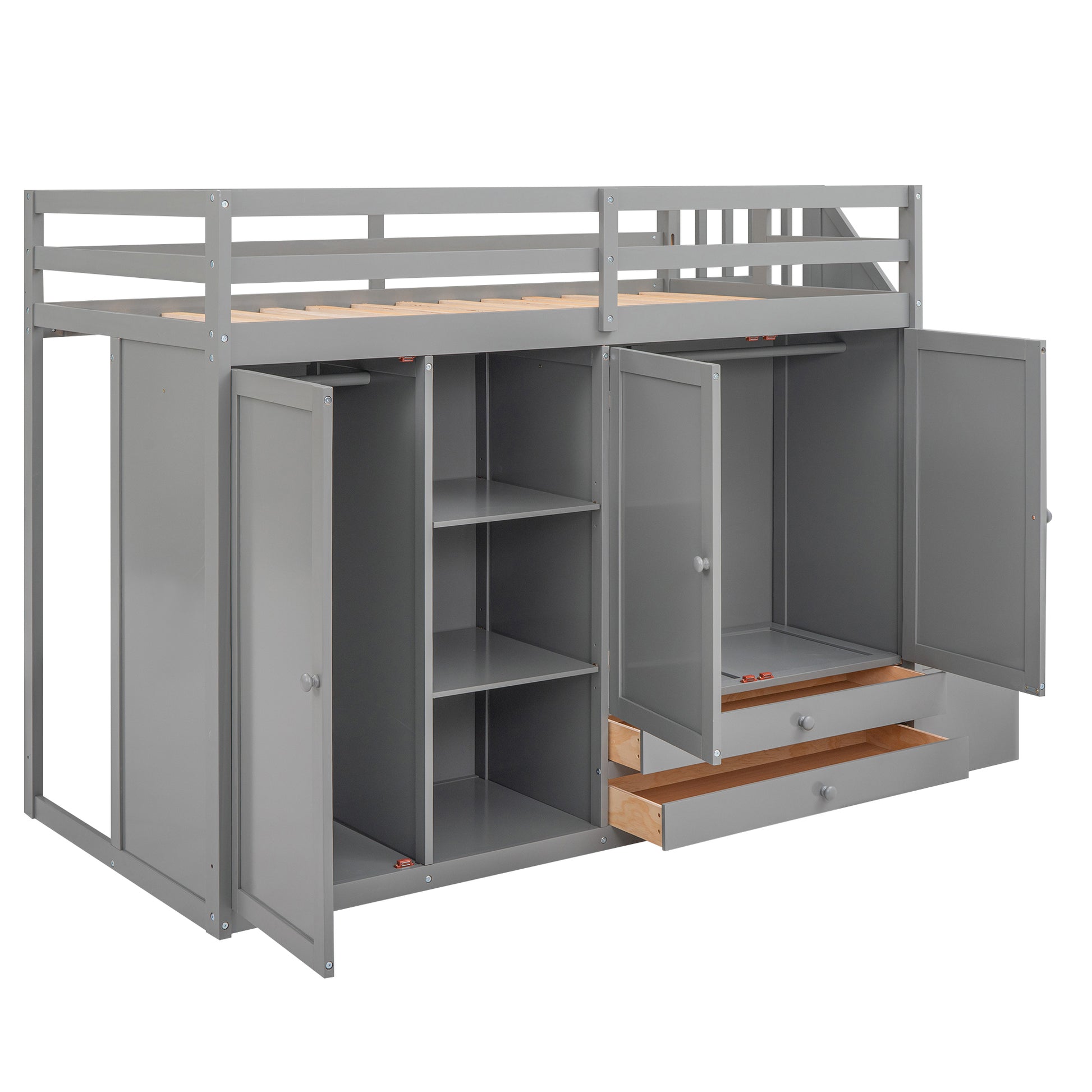 Functional Loft Bed With 3 Shelves, 2 Wardrobes And 2 Drawers, Ladder With Storage, No Box Spring Needed, Gray Gray Pine
