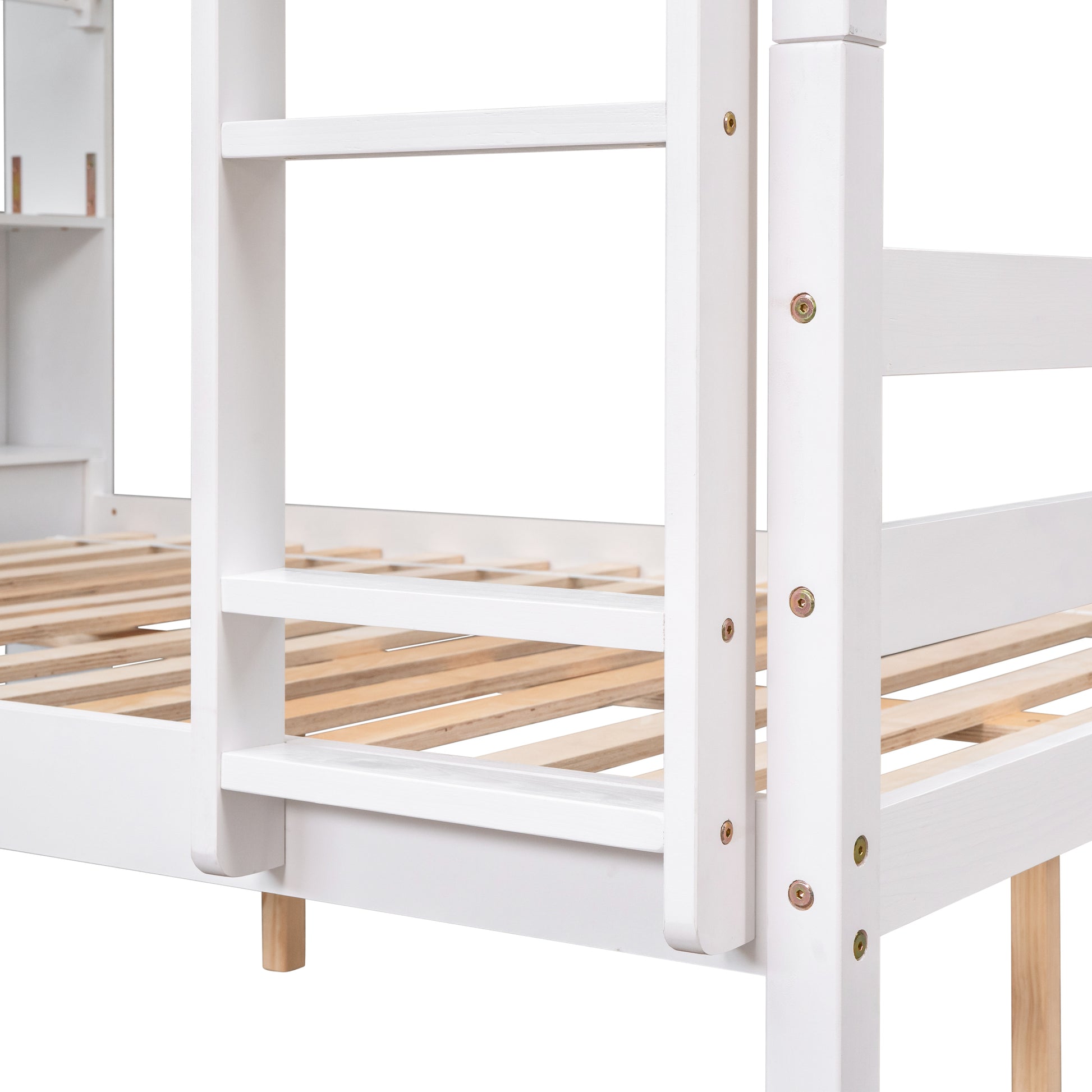 Full Over Full Bunk Beds With Bookcase Headboard, Solid Wood Bed Frame With Safety Rail And Ladder, Kids Teens Bedroom, Guest Room Furniture, Can Be Converted Into 2 Beds, White White Pine