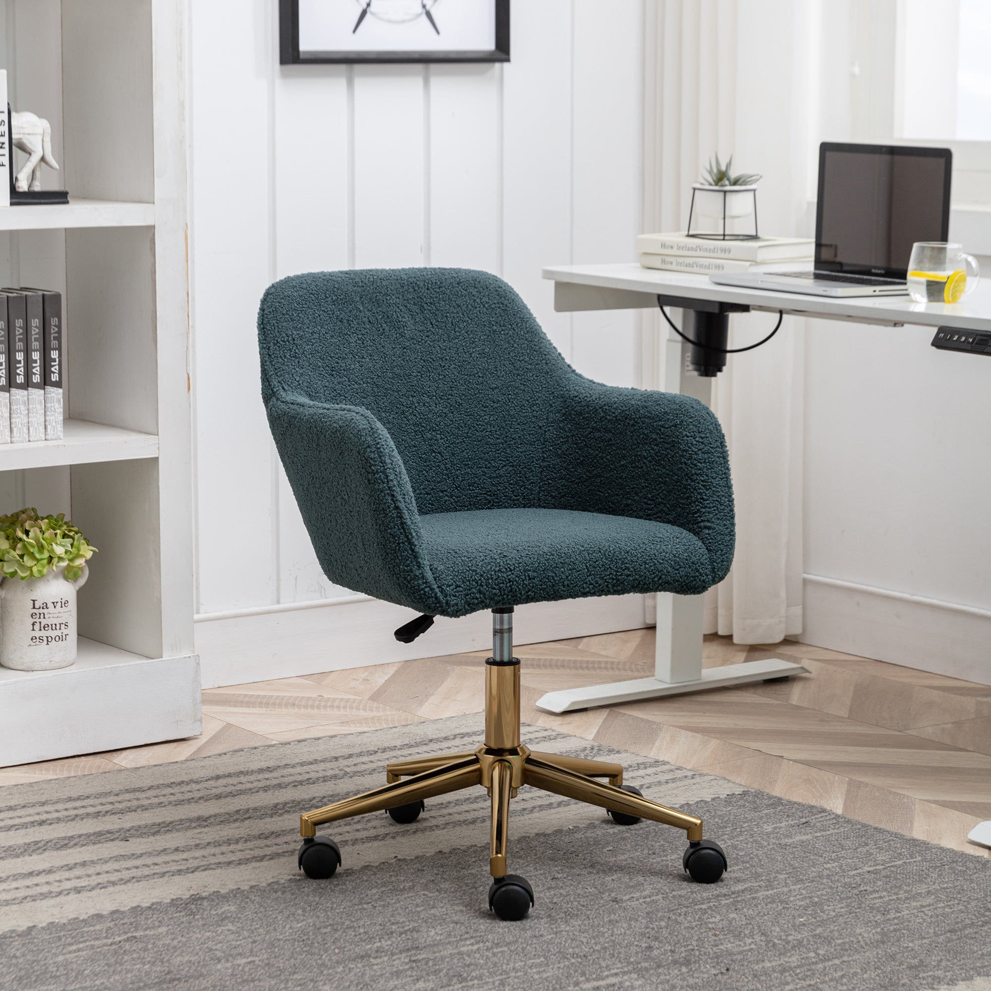 Modern Teddy Fabric Material Adjustable Height 360 Revolving Home Office Chair With Gold Metal Legs And Universal Wheel For Indoor,Green Green Foam Wool