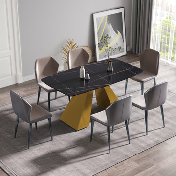 63"Modern Artificial Stone Black Curved Golden Metal Leg Dining Table 6 People Black Metal Sintered Stone