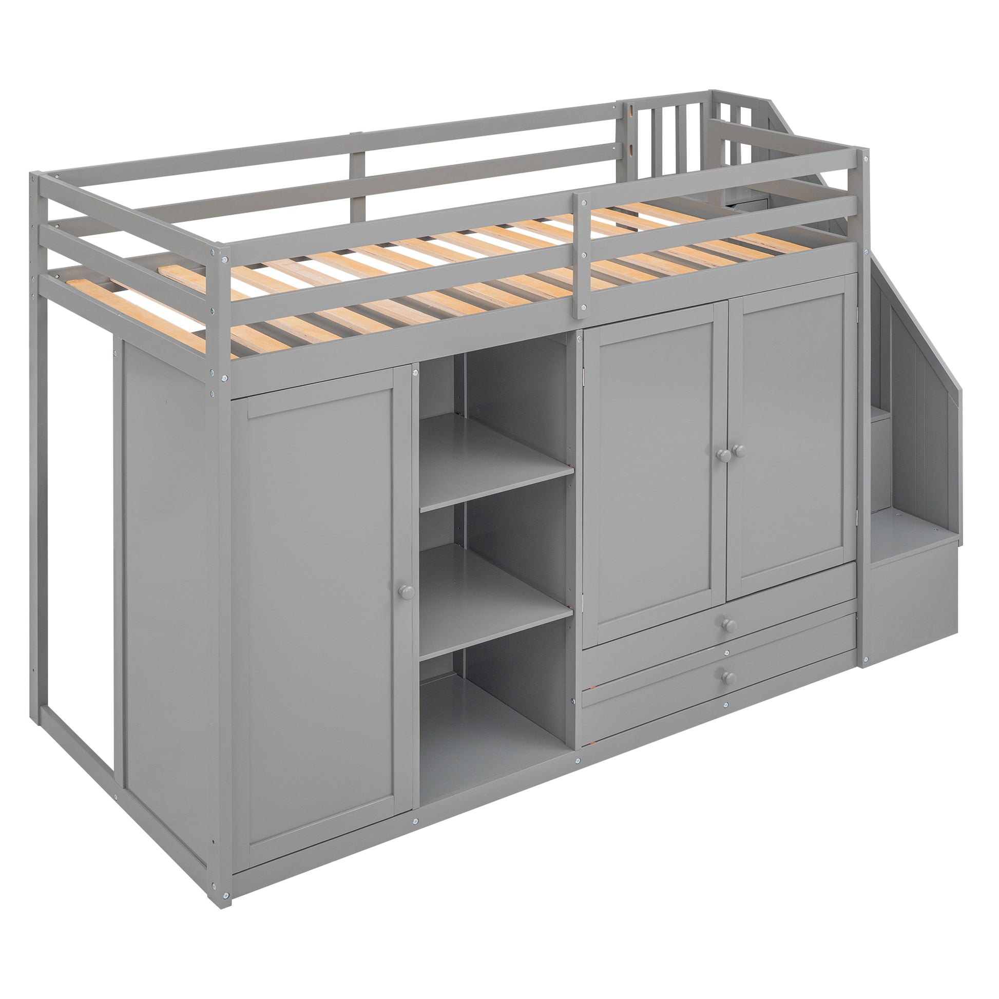 Functional Loft Bed With 3 Shelves, 2 Wardrobes And 2 Drawers, Ladder With Storage, No Box Spring Needed, Gray Gray Pine