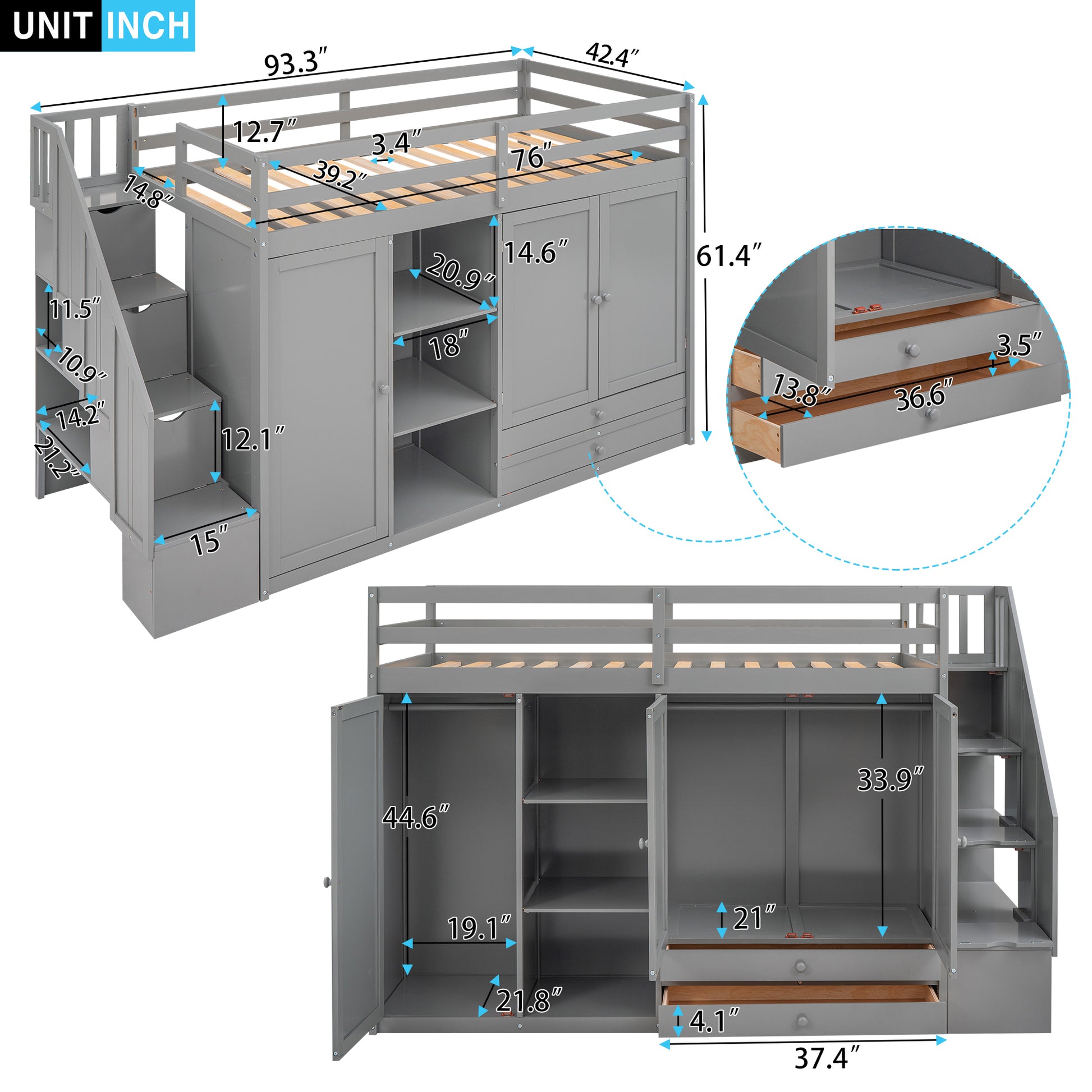 Functional Loft Bed With 3 Shelves, 2 Wardrobes And 2 Drawers, Ladder With Storage, No Box Spring Needed, Gray Gray Pine