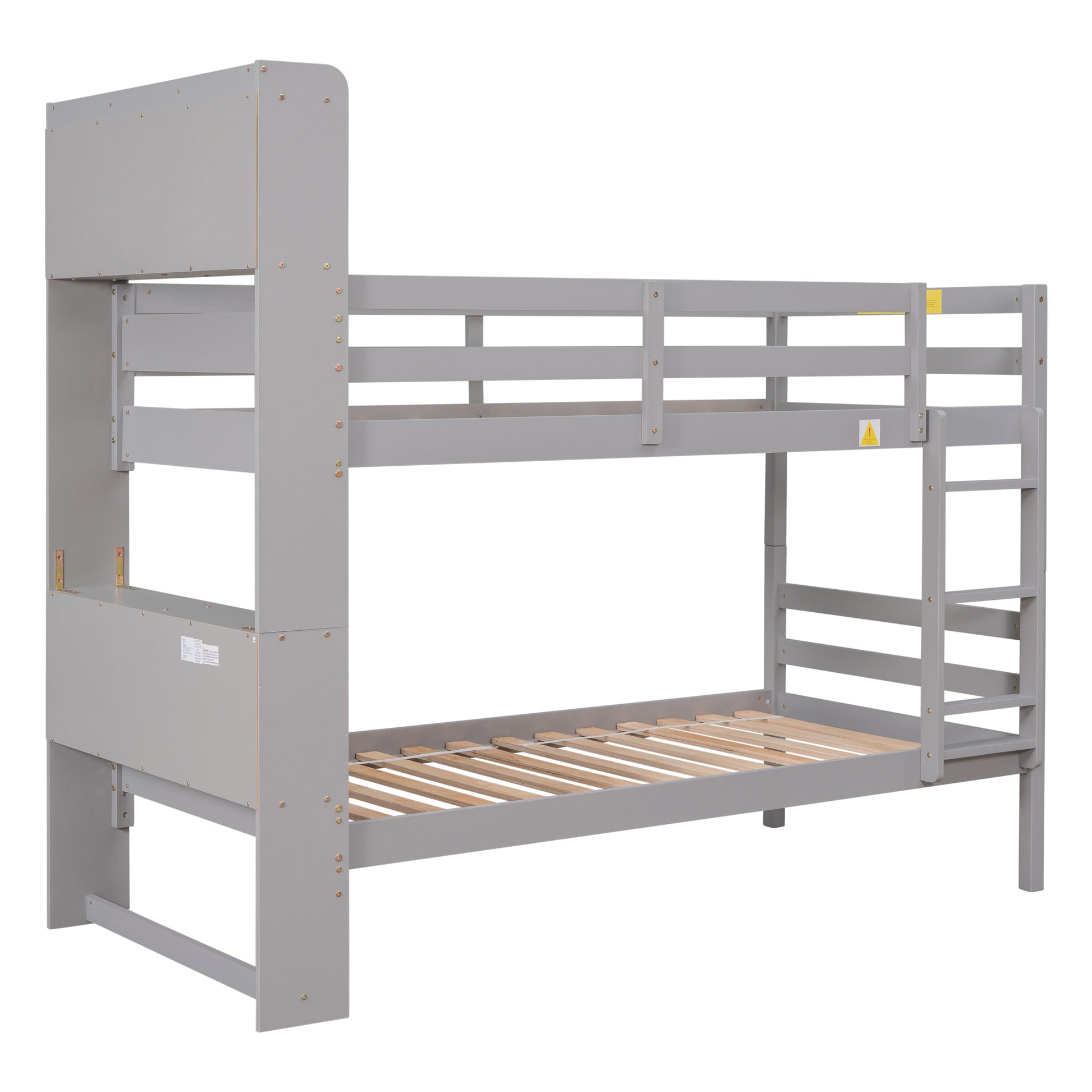 Twin Over Twin Bunk Beds With Bookcase Headboard, Solid Wood Bed Frame With Safety Rail And Ladder, Kids Teens Bedroom, Guest Room Furniture, Can Be Converted Into 2 Beds, Grey Twin Grey Pine