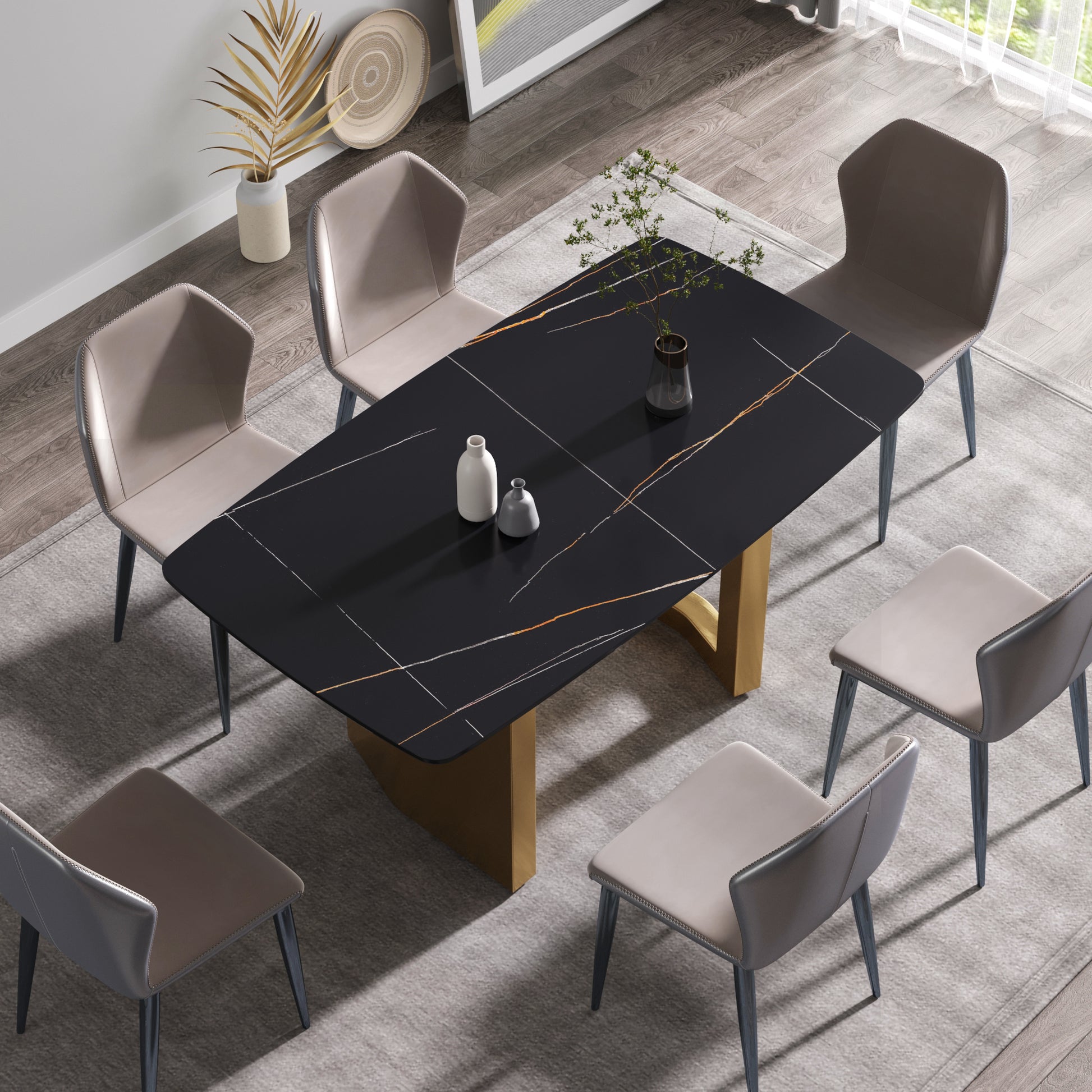 63"Modern Artificial Stone Black Curved Golden Metal Leg Dining Table 6 People Black Metal Sintered Stone