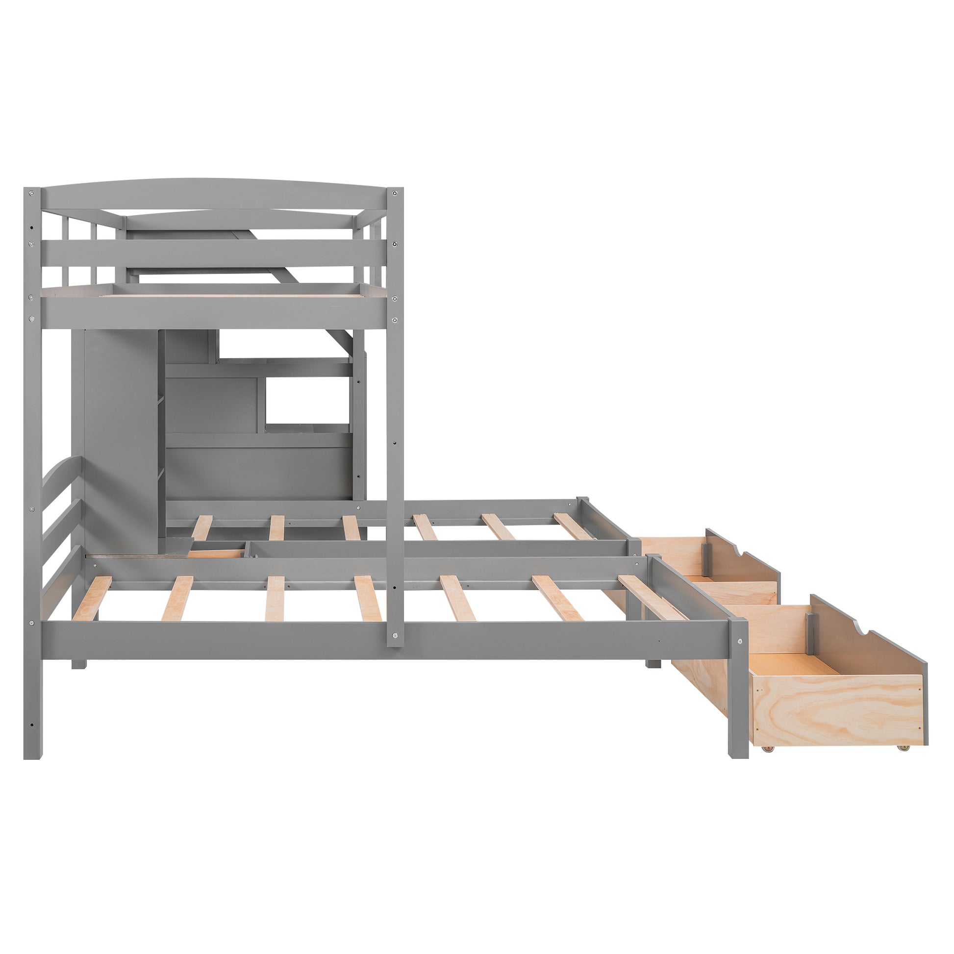 Twin Over Twin&Twin Bunk Bed, Triple Bunk Bed With Drawers, Staircase With Storage, Built In Shelves, Gray Twin Gray Pine