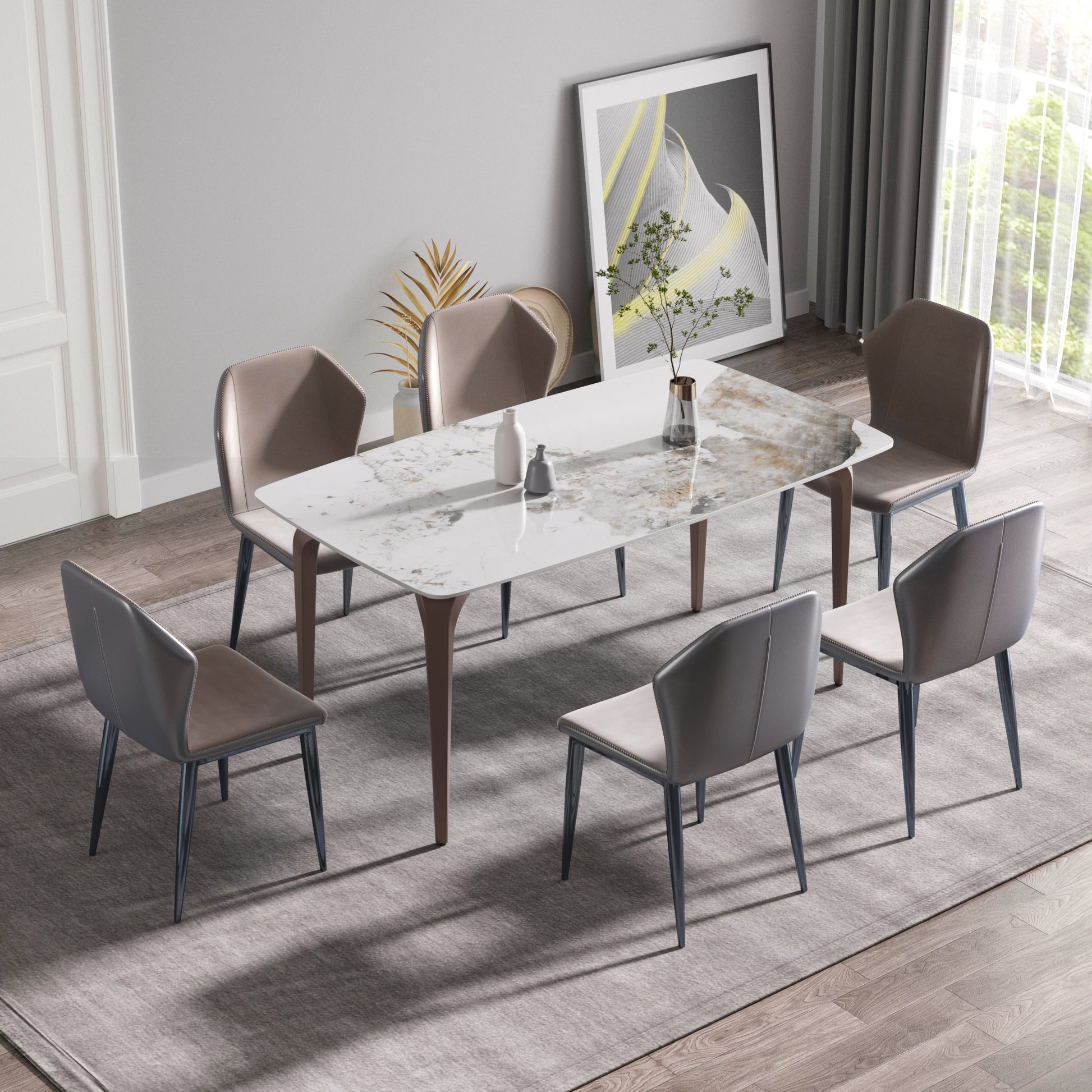 63"Modern Artificial Stone Pandora White Curved Metal Leg Dining Table 6 People Antique White Metal Sintered Stone