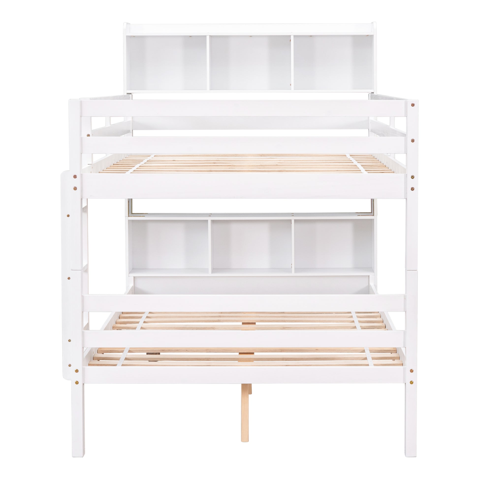 Full Over Full Bunk Beds With Bookcase Headboard, Solid Wood Bed Frame With Safety Rail And Ladder, Kids Teens Bedroom, Guest Room Furniture, Can Be Converted Into 2 Beds, White White Pine