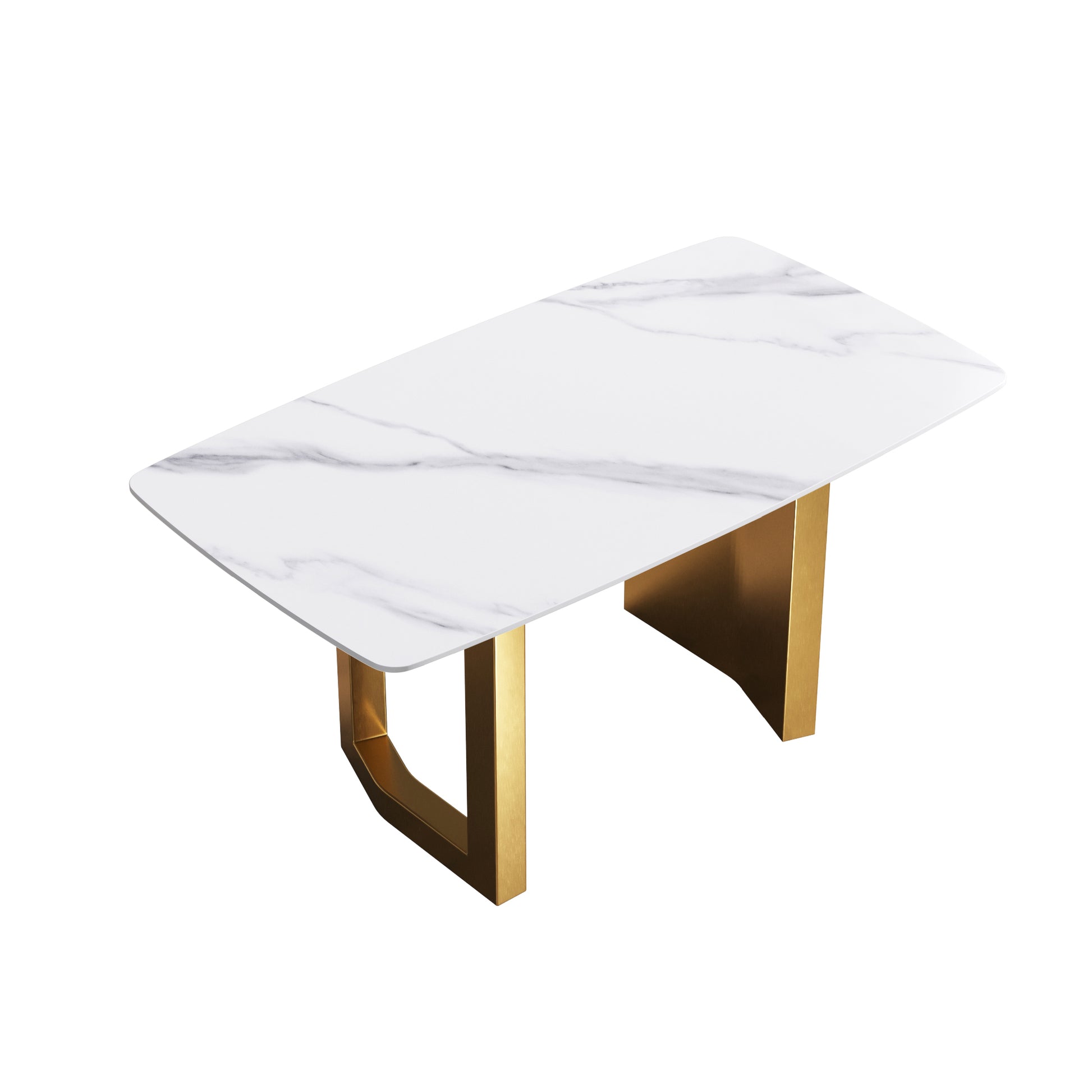 63"Modern Artificial Stone White Curved Golden Metal Leg Dining Table 6 People White Metal Sintered Stone