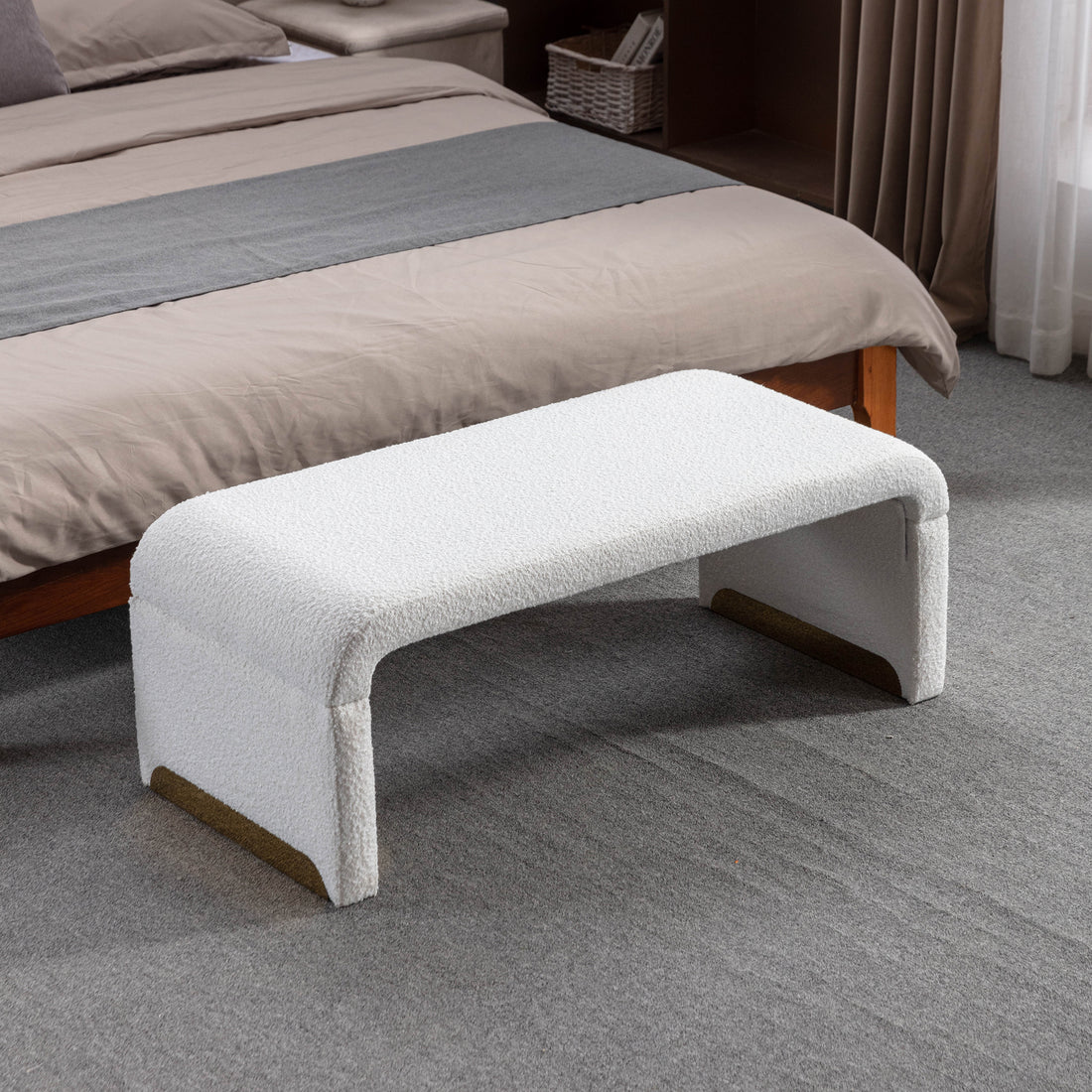 Boucle Fabric Loveseat Ottoman Footstool Bedroom Bench Shoe Bench With Gold Metal Legs,Ivory White Ivory Foam Boucle