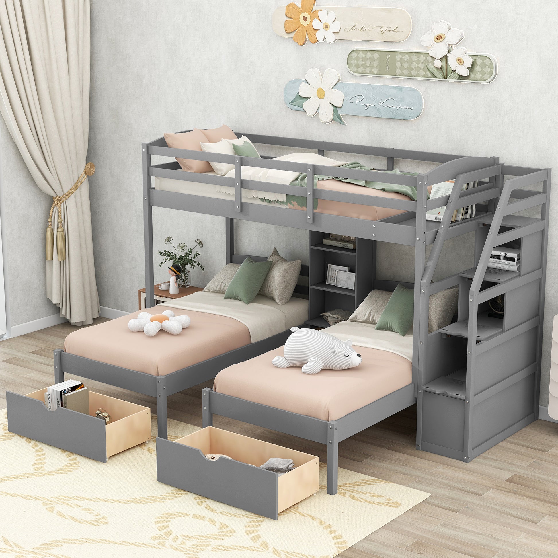 Twin Over Twin&Twin Bunk Bed, Triple Bunk Bed With Drawers, Staircase With Storage, Built In Shelves, Gray Twin Gray Pine