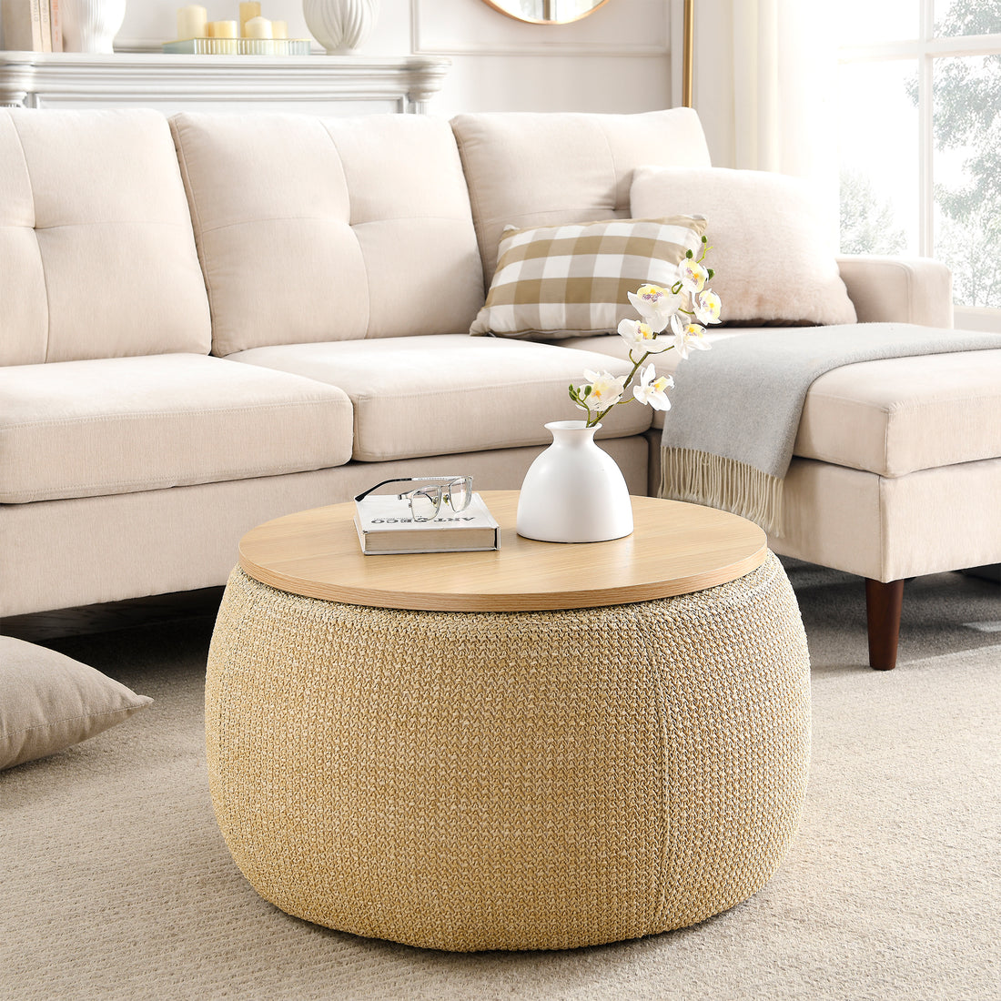 Round Storage Ottoman, 2 In 1 Function, Work As End Table And Ottoman, Natural 25.5"X25.5"X14.5" Natural Plastic