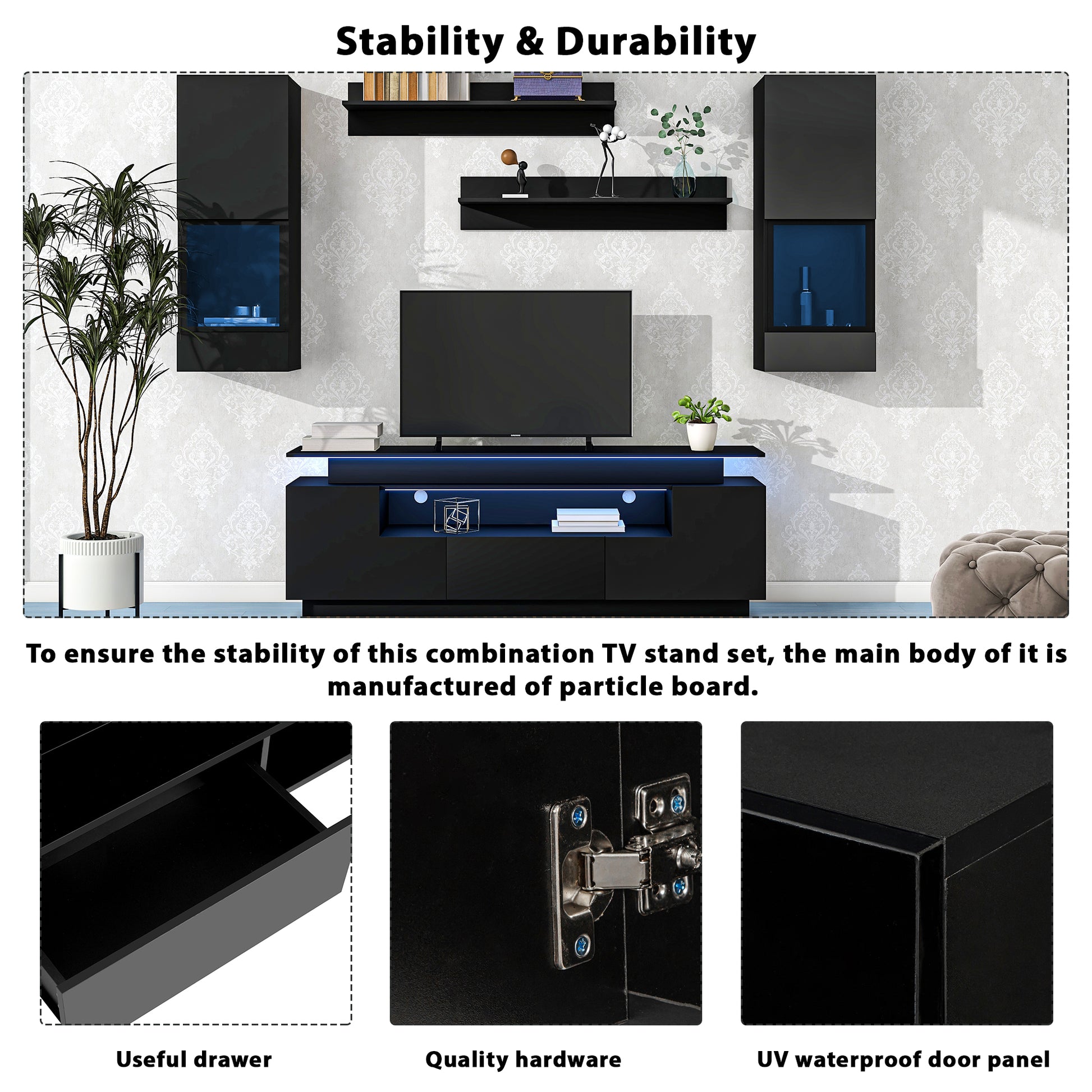 Stylish Functional Tv Stand, 5 Pieces Floating Tv Stand Set, High Gloss Wall Mounted Entertainment Center With 16 Color Led Light Strips For 75 Inch Tv, Black Black Particle Board