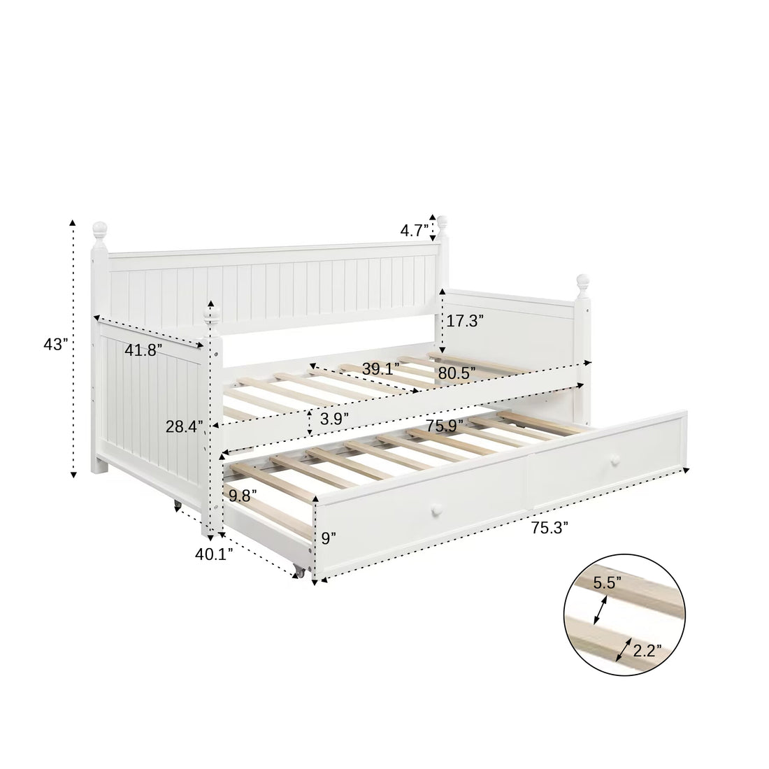 Twin Size Wood Daybed With Twin Size Trundle White Twin White Solid Wood