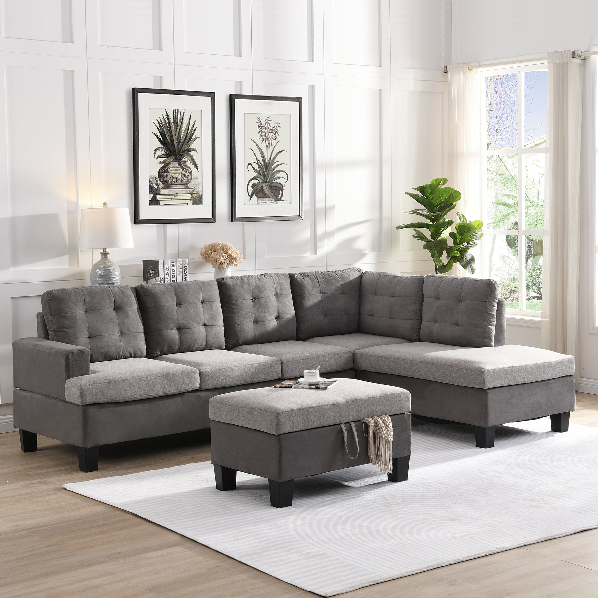 Sofa Set For Living Room With Chaise Lounge And Storage Ottoman Living Room Furniture Gray Grey Fabric