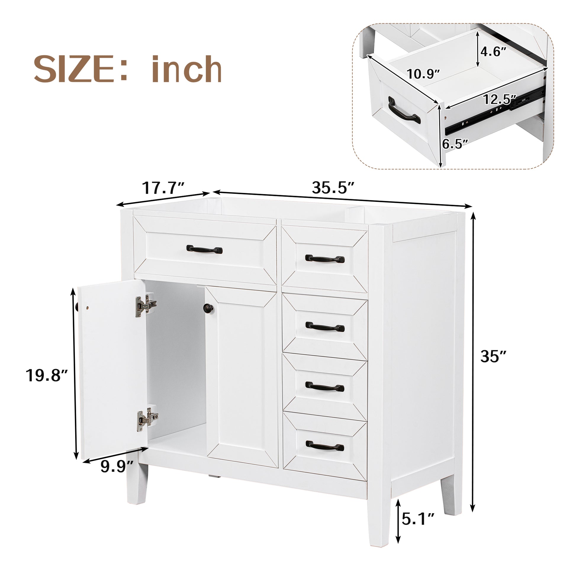 36" Bathroom Vanity Without Sink, Cabinet Base Only, Bathroom Cabinet With Drawers, Solid Frame And Mdf Board, White White Solid Wood Mdf