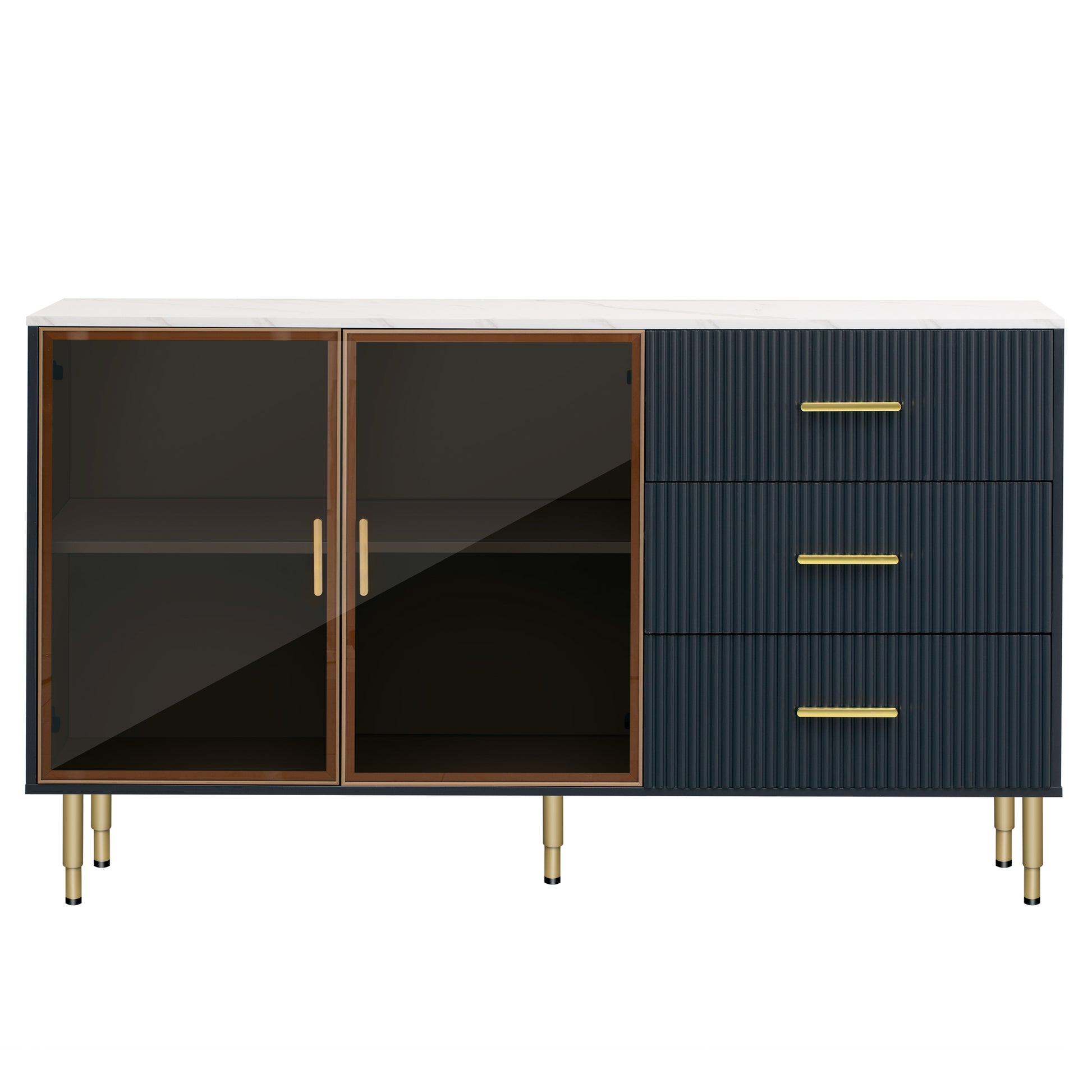 Modern Sideboard Mdf Buffet Cabinet Marble Sticker Tabletop And Amber Yellow Tempered Glass Doors With Gold Metal Legs & Handles Navy Blue Navy Blue Mdf Glass