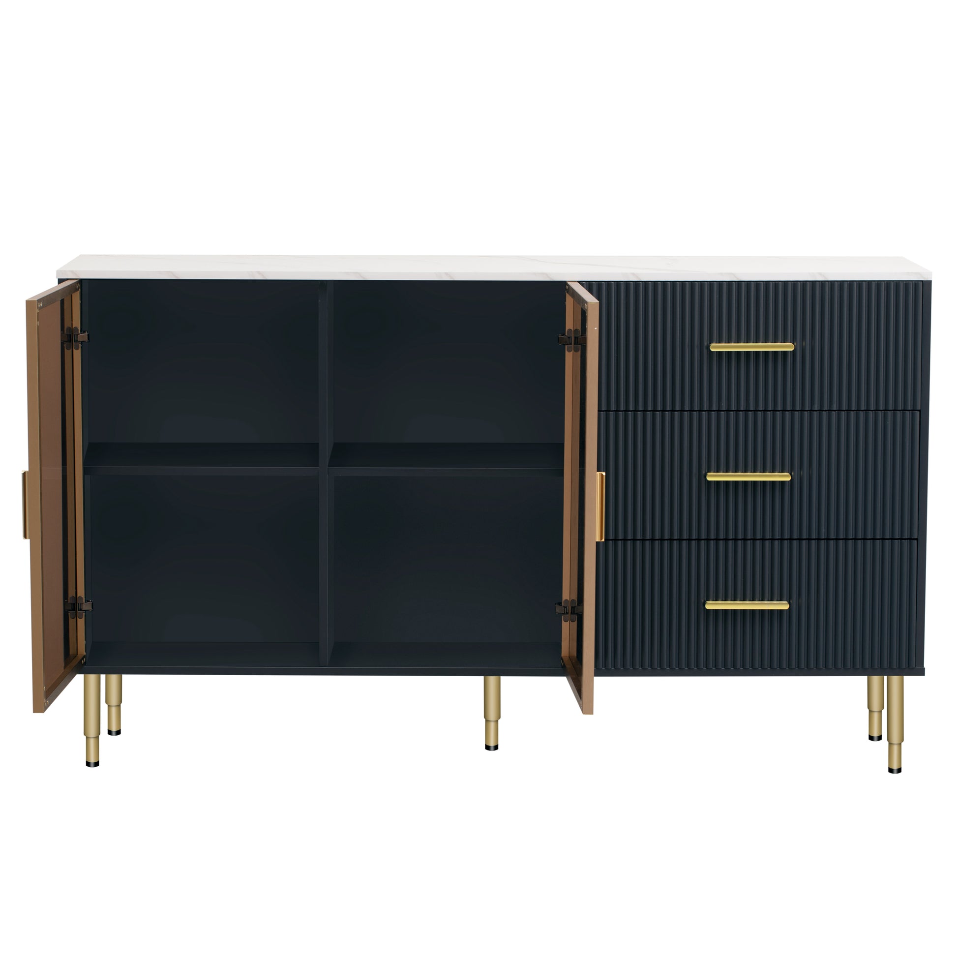 Modern Sideboard Mdf Buffet Cabinet Marble Sticker Tabletop And Amber Yellow Tempered Glass Doors With Gold Metal Legs & Handles Navy Blue Navy Blue Mdf Glass