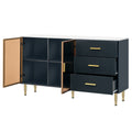 Modern Sideboard Mdf Buffet Cabinet Marble Sticker Tabletop And Amber Yellow Tempered Glass Doors With Gold Metal Legs & Handles Navy Blue Navy Blue Mdf Glass